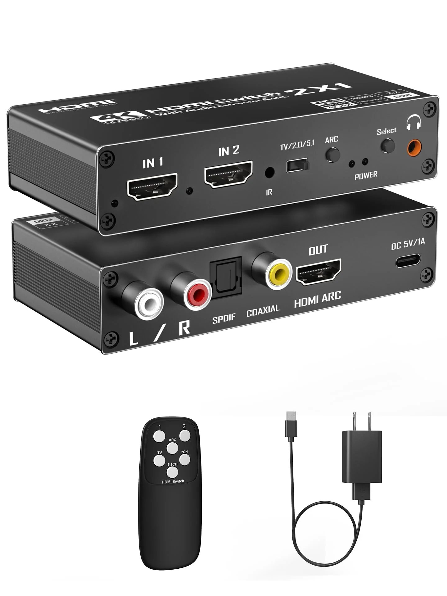 HDMI Switch eARC Audio Extractor, 4K@60hz HDMI Audio Splitter with Remote, Support 7.1 Channel Audio/Optical Toslink SPDIF/Coaxial Converter HDR (Black) Black