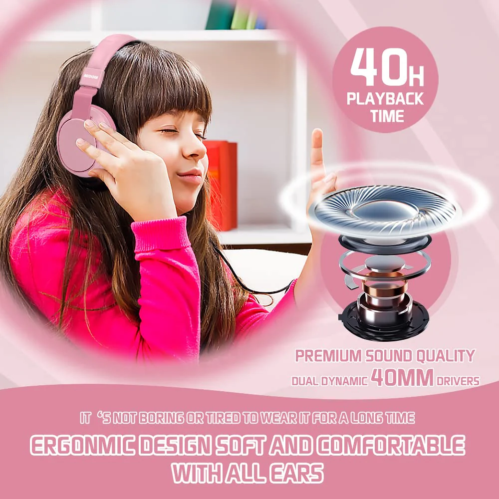 Headphones Kids Bluetooth Wireless Volume Limited 85/110dB Over On Ear Foldable Noise Protection Headset with Cable AUX 3.5mm Mic for Child Boy Girl Travel School Pad Tablet Pink - Image 3