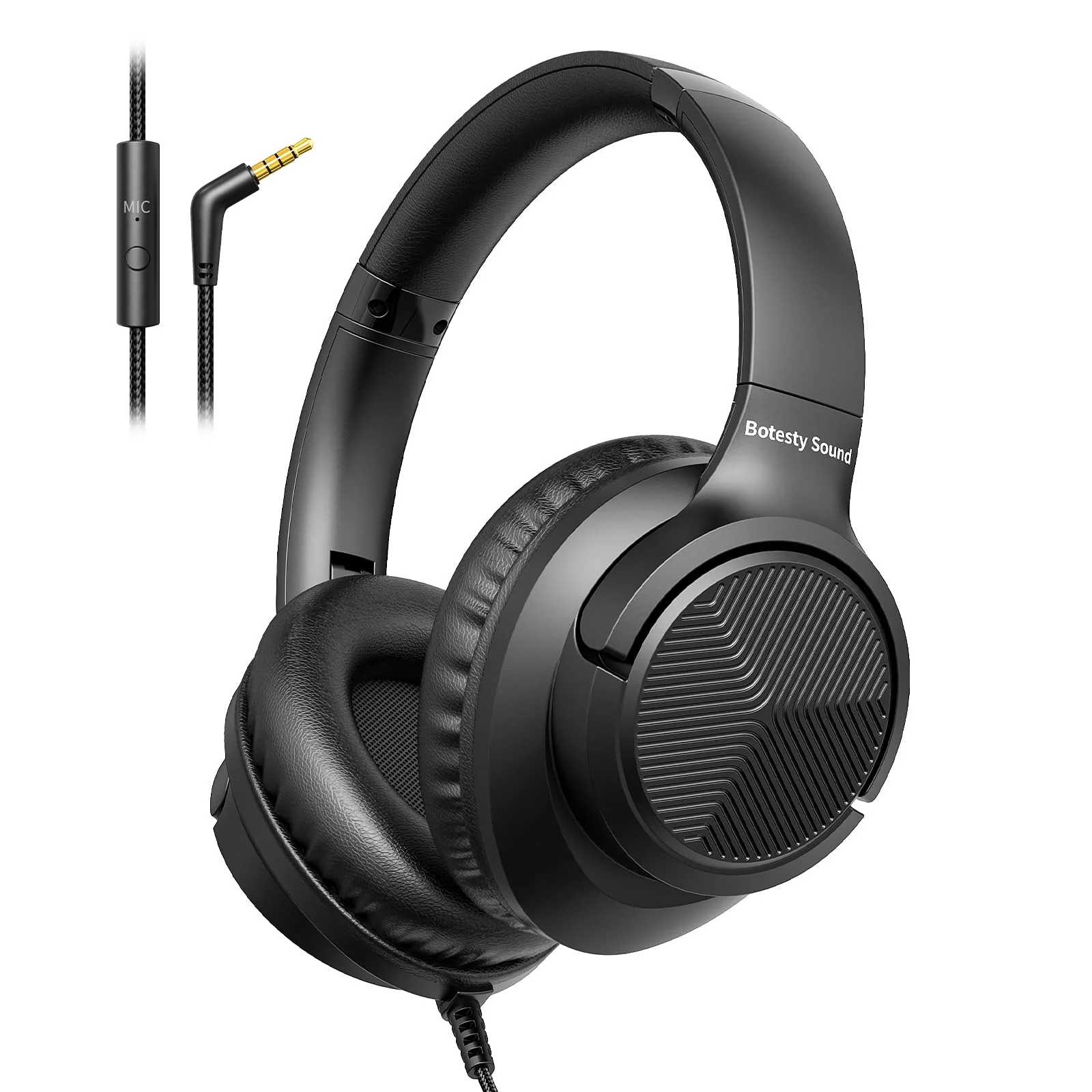 Headphones Wired with Microphone, Over Ear Foldable Headphones with 4.9ft Tangle-Free Nylon Cord, 3.5mm Plug in Headphones for Smartphone,Tablet,Computer,MP3/4 (Black)