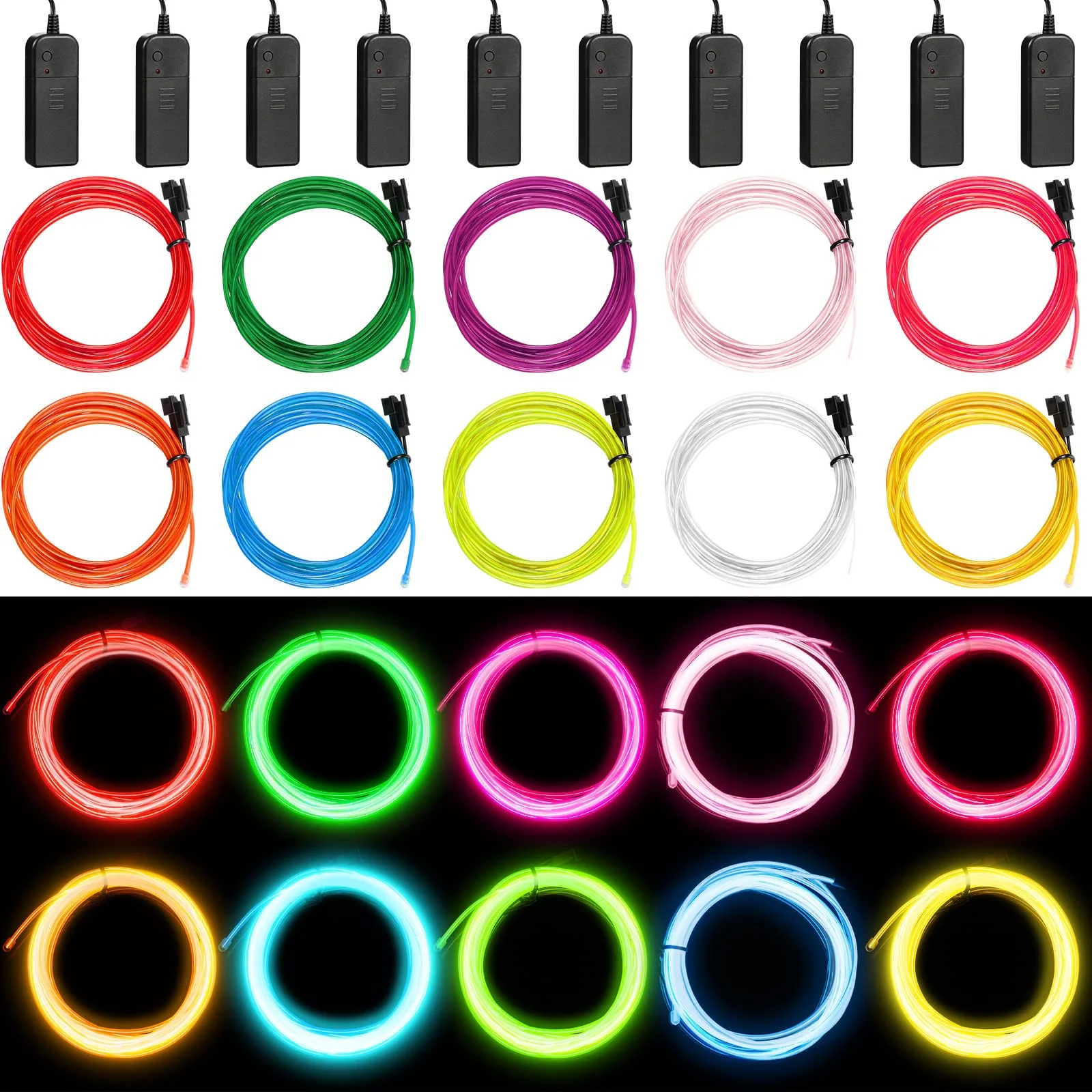 Hortsun 15 Pack 7ft Neon Light El Wire Portable Cuttable Neon Glowing Battery Powered LED Lights Glow in The Dark with Battery Pack for Halloween Party