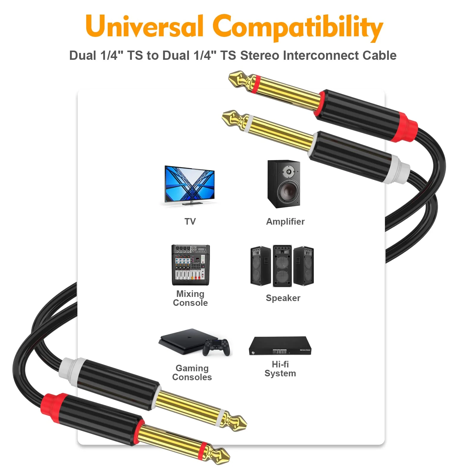 HOSONGIN Dual 1/4 inch TS to Dual 1/4 inch TS Stereo Interconnect Insert Cable for Amplifer Mixer, 20 Feet, PVC Jacket-Gold Plated Plug-Double Shielding - Image 2