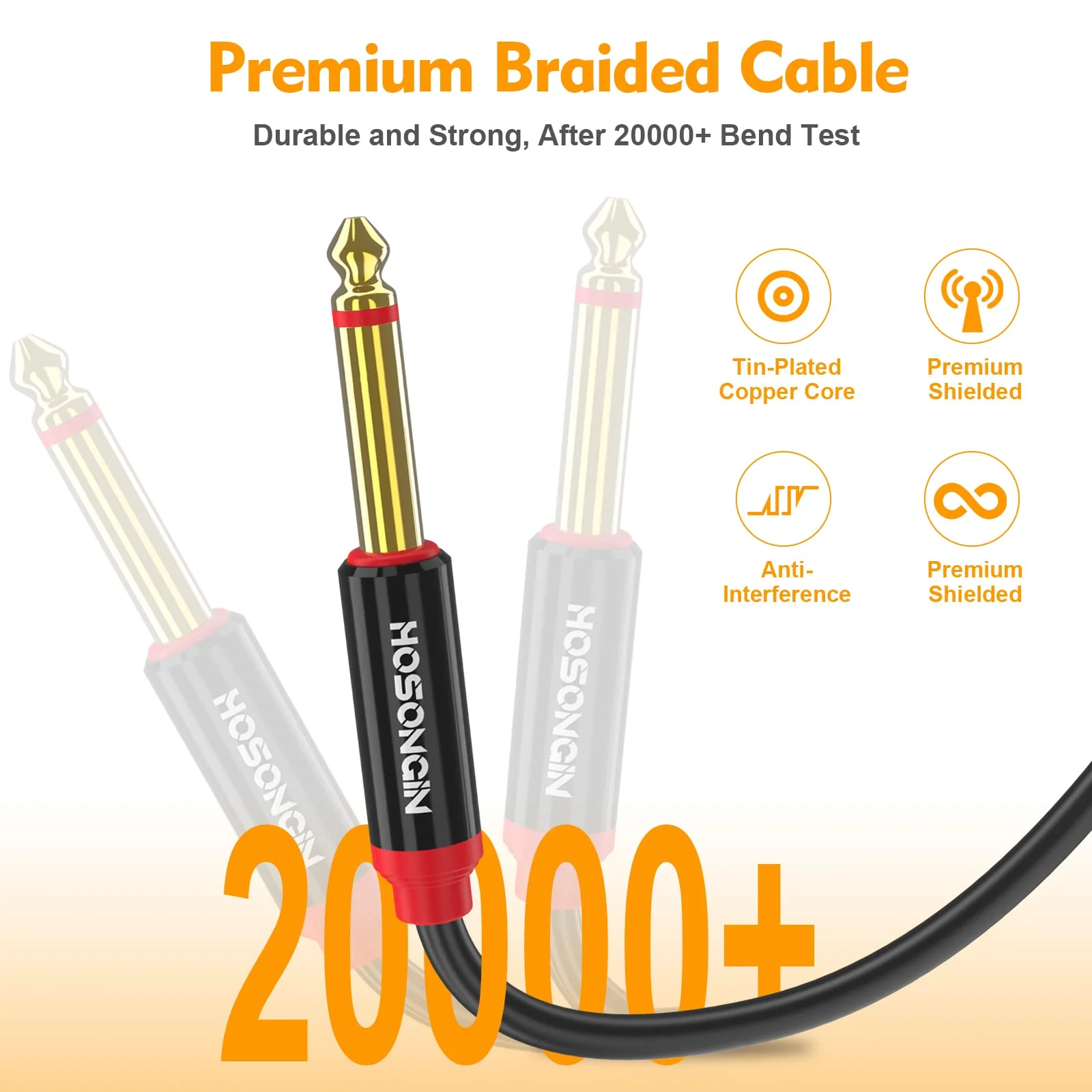 HOSONGIN Dual 1/4 inch TS to Dual 1/4 inch TS Stereo Interconnect Insert Cable for Amplifer Mixer, 20 Feet, PVC Jacket-Gold Plated Plug-Double Shielding - Image 4