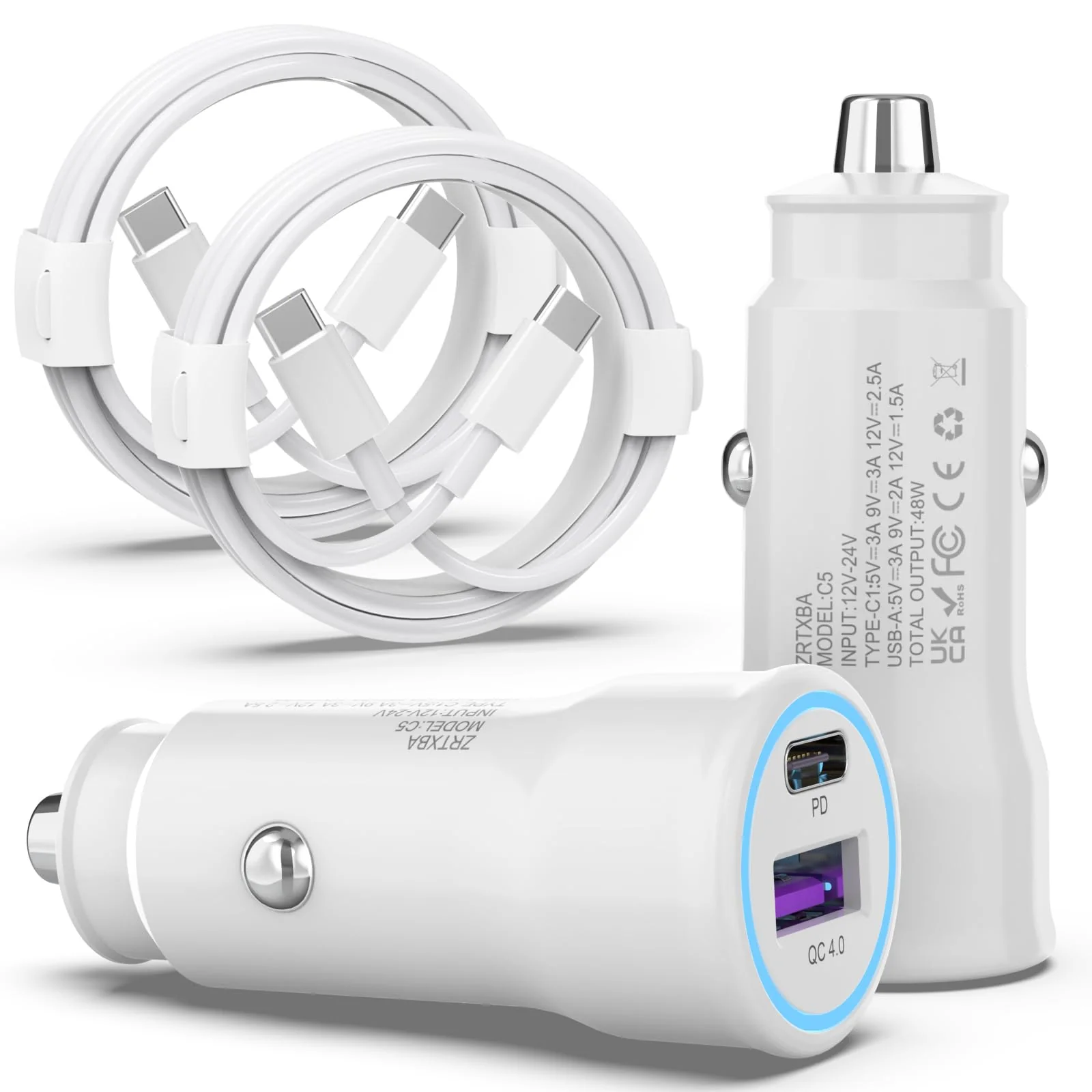 iPhone 16 Car Charger USB C Car Charger Adapter 2Pack 48W PD&QC4.0 Dual Port iPhone Car Charger with USB C to C Cable for iPhone 16/15 Series, Samsung Galaxy Series, iPad Pro, AirPods,Pixel,and More