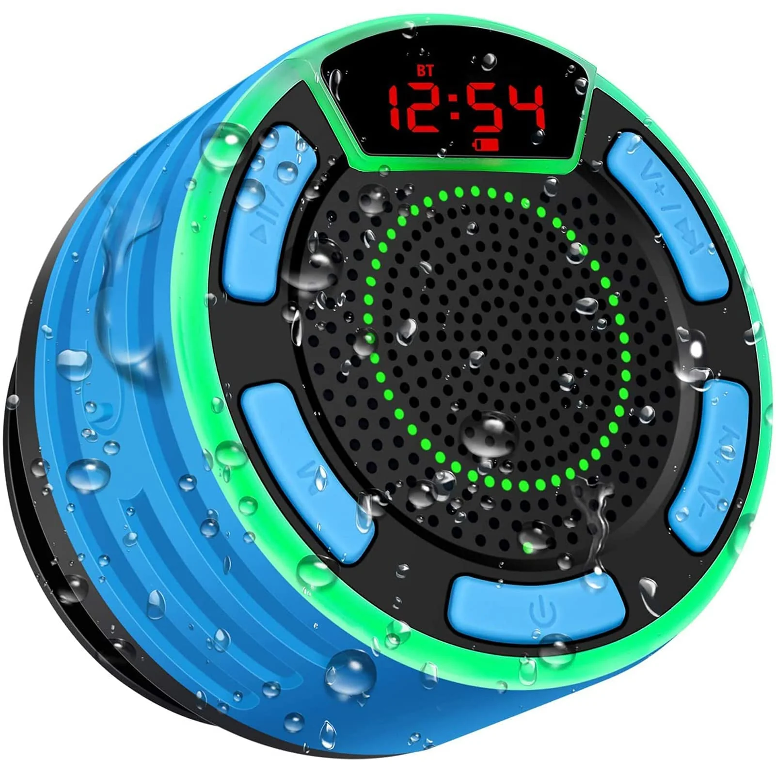 IPX7 Waterproof Speaker, Bluetooth Portable Wireless Shower Speakers with LED Display, FM Radio, Suction Cup, Light Show, TWS, Loud Stereo Sound for Pool Beach Home Party Travel Outdoors BLUE