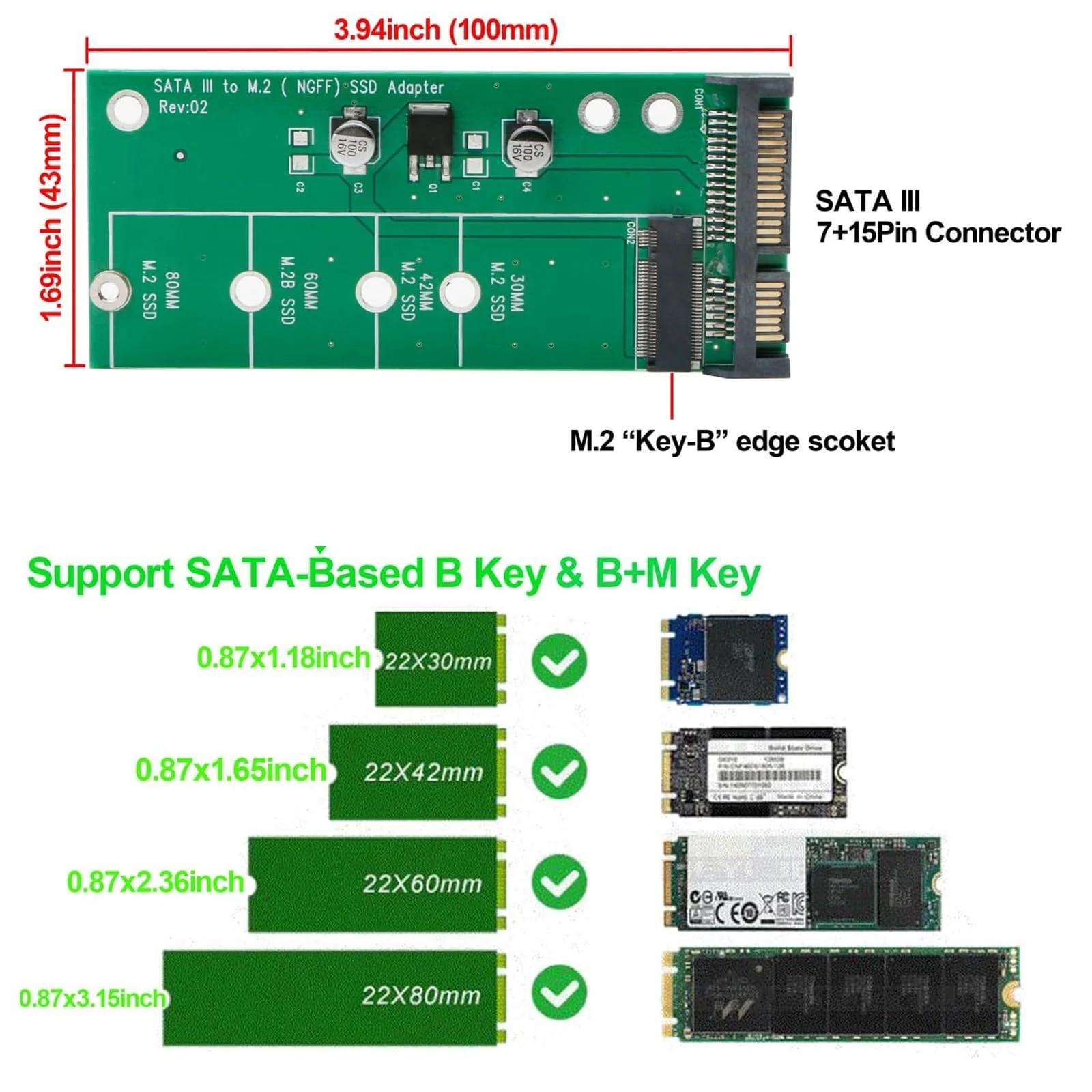 Jiuwu M.2 to Sata Adapter Ngff to Sata Adapter Card(Not for M.2 Nvme) Ngff M2 to 2.5 Inch Sata Iii Drivers B Key B & M Key Ssd Converter forDOS, Windows 95, 98, XP, 2000, Vista Green - Image 2