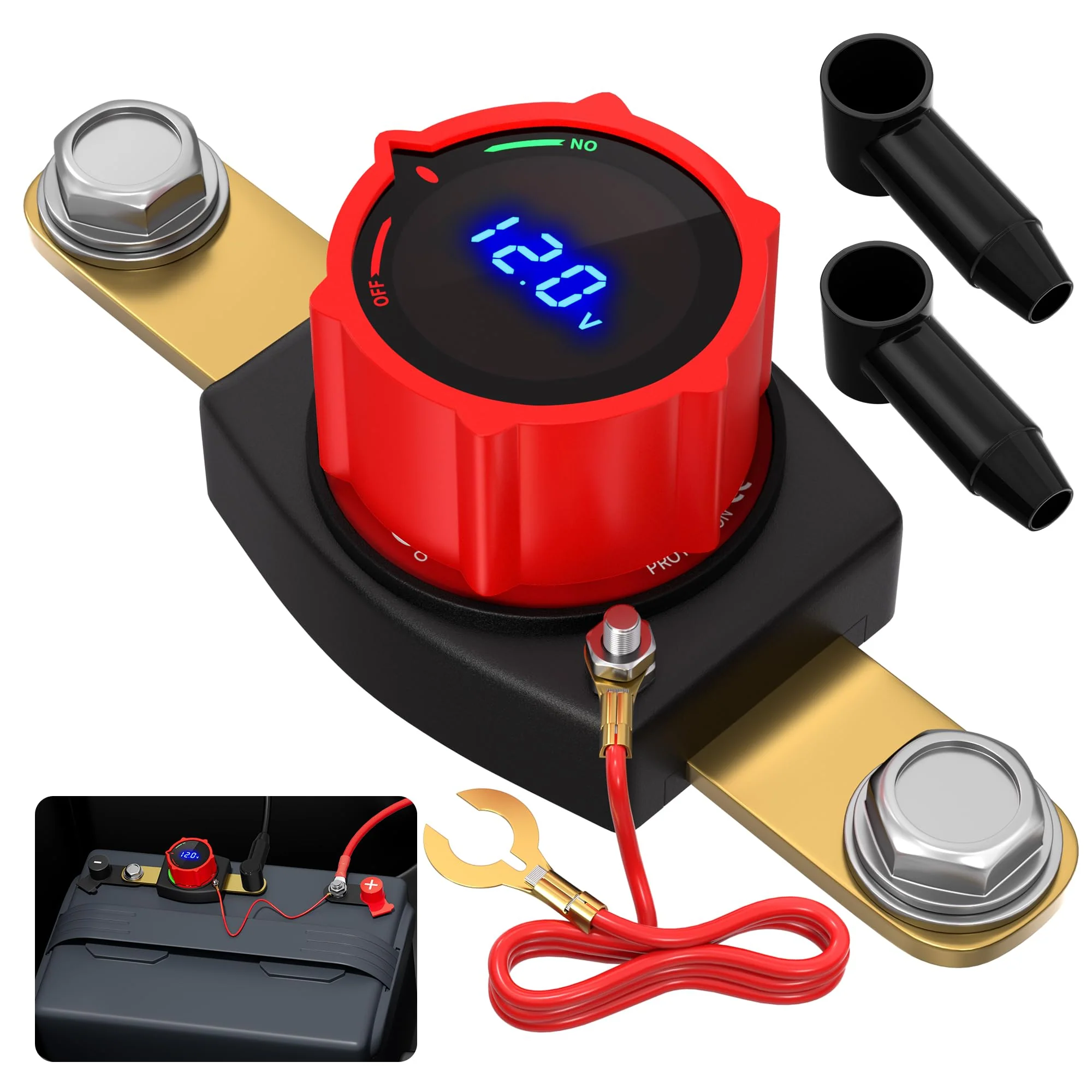 Joinfworld Side Post Battery Disconnect Switch 12V-48V with Led Voltmeter Display, DC 5-60V Battery Kill Switch Waterproof Marine Battery Cut Off Switch 12 Volt for Car RV Boat ATV UTV Vehicles On-Off Side Post with Voltmeter 300A
