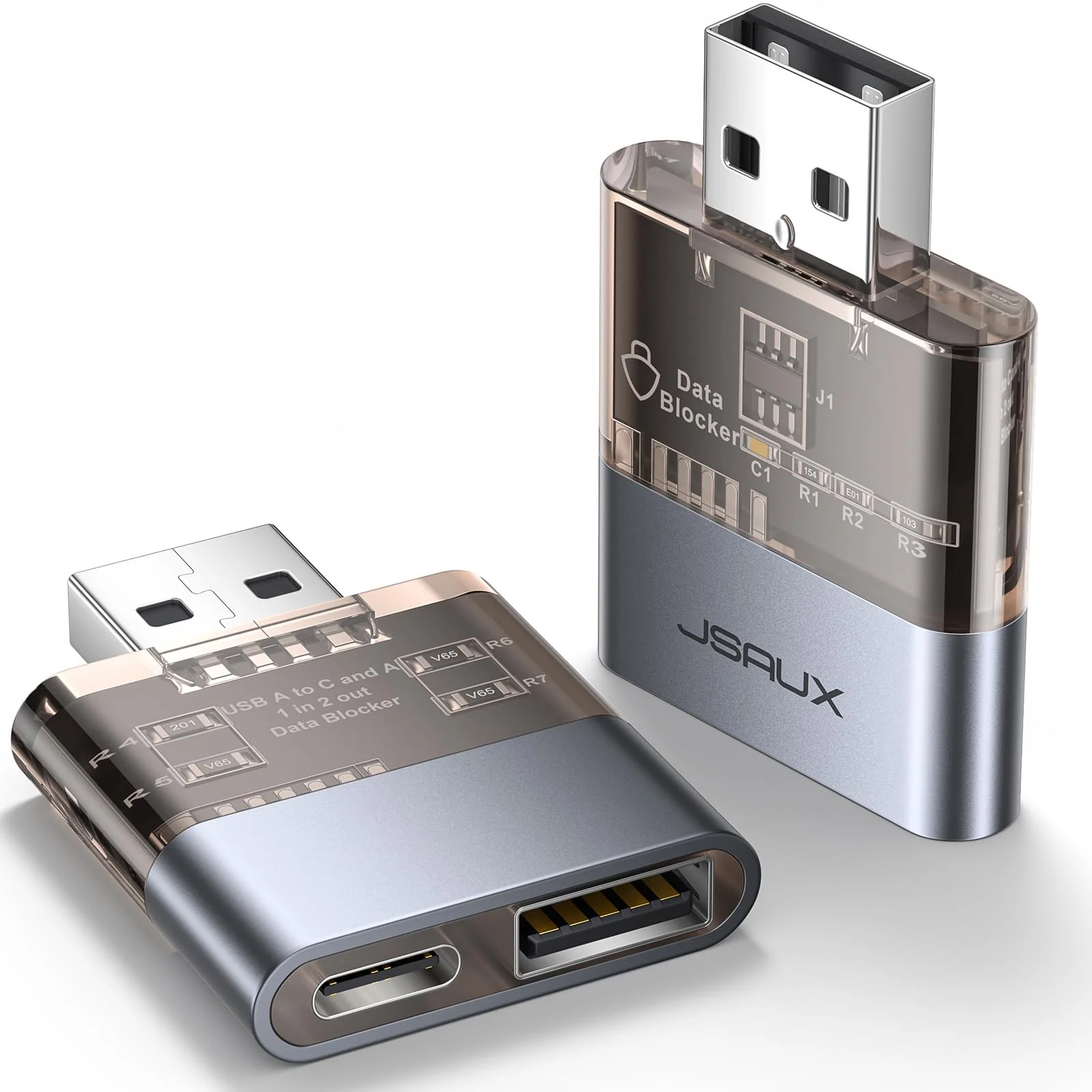 JSAUX USB Data Blocker(2-Pack), Transparent 2-in-1 USB-A Male to USB-A & USB-C Female Data Blocker Only for Charge, Protect Against Juice Jacking, Refuse Hacking Provide Safe Charging 2 Pack(2-in-1) Grey