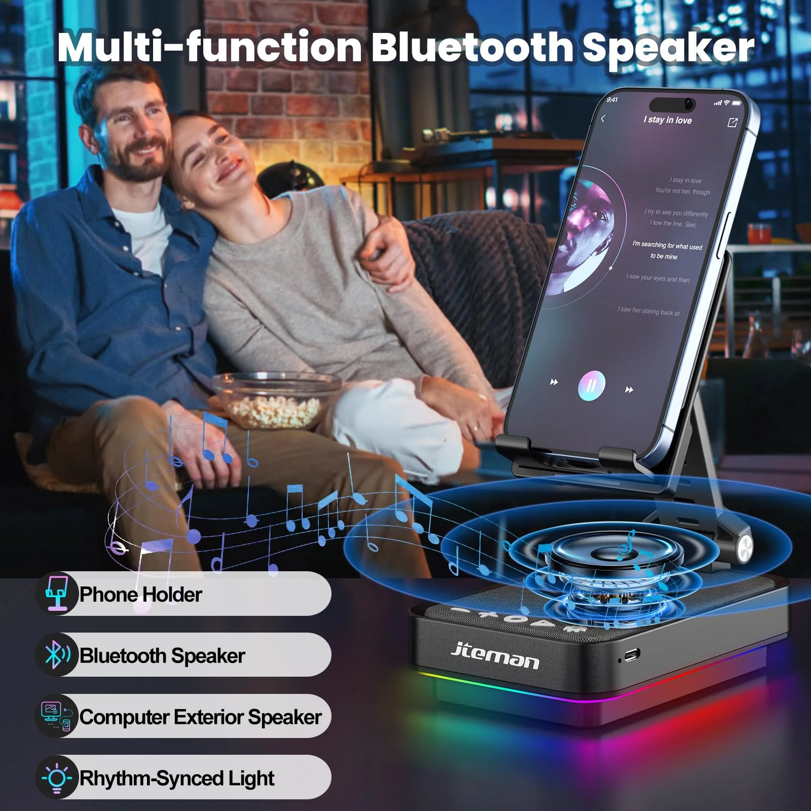 JTEMAN Gifts for Men Cell Phone Stand with Wireless Bluetooth Speaker and Jumping Light, Cool Tech Gifts for Men Women Husband Dad, Unique Birthday Gifts for Him - Image 2