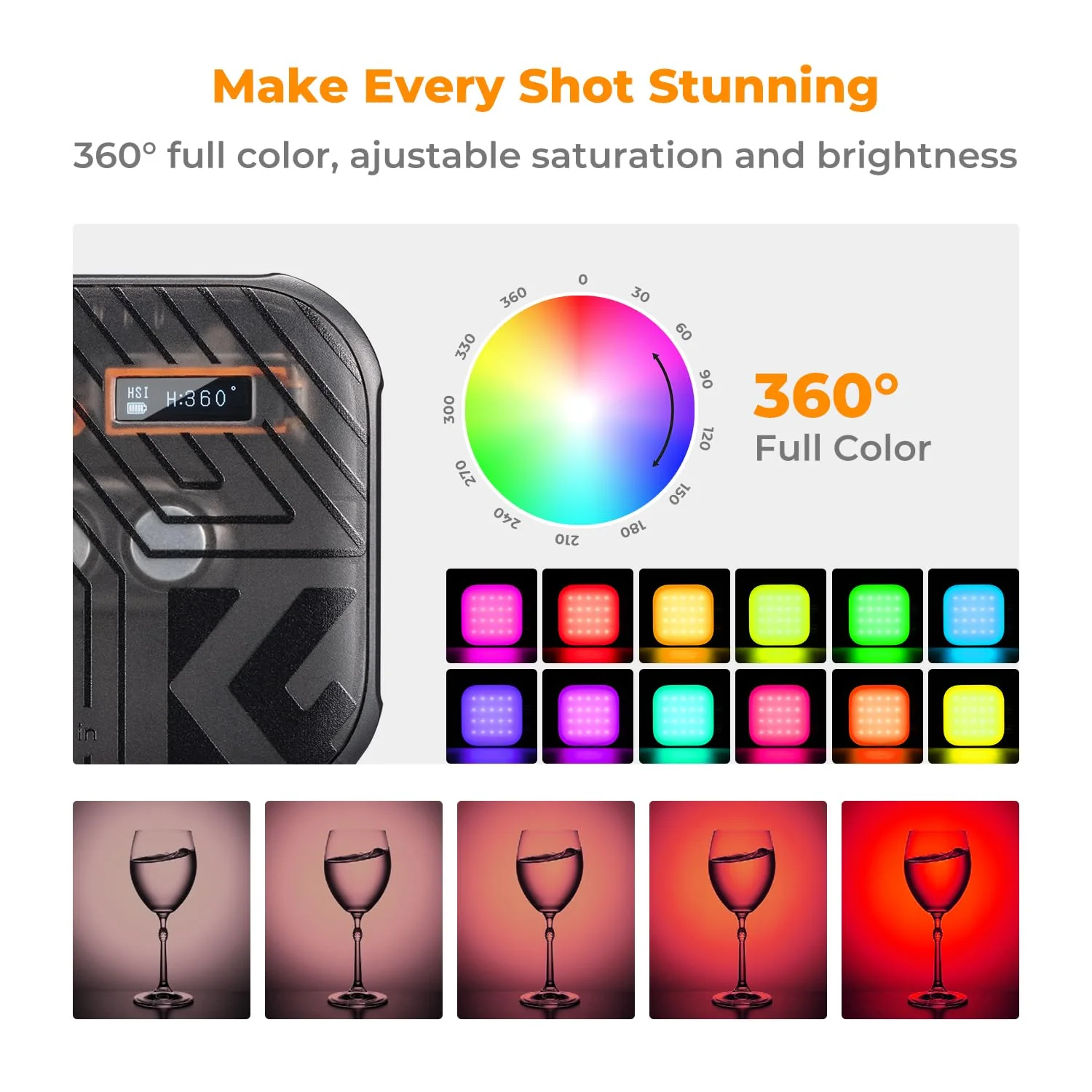 K&F Concept RGB Video Light, 360° Full Color Portable Photography Light, LED Camera Light w 21 Light Effects, 2500K-9900K CRI 96+, 2000mAh Rechargeable Photography Lighting for Vlogging, Selfie, Black - Image 3