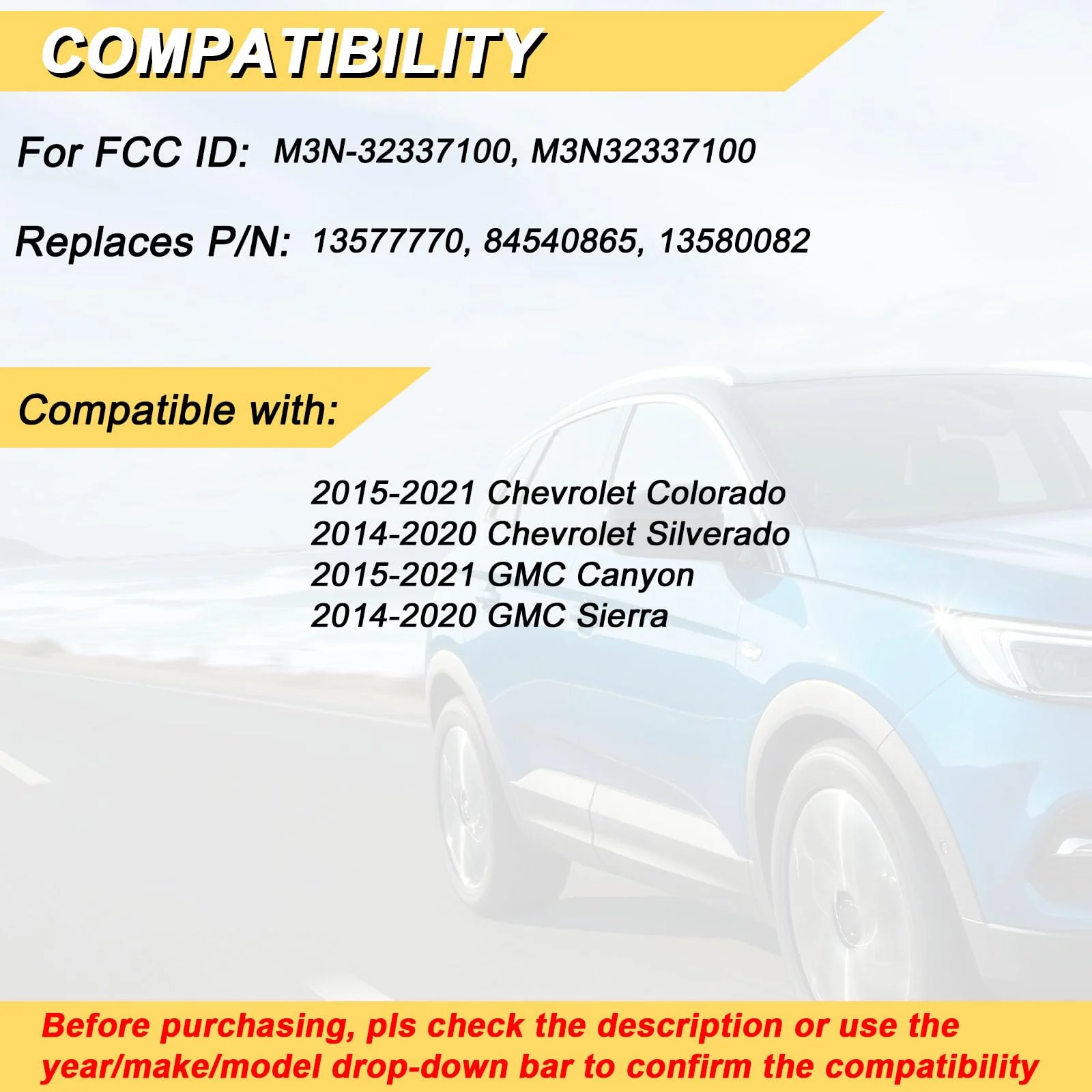 Key Fob Replacement for 2014-2020 Chevy Silverado 1500 2500 3500/15-21 Colorado/ 2015-2021 GMC Canyon/ 14-20 Sierra Car Keyless Entry Remote Control, M3N-32337100, 4 btn - Image 2