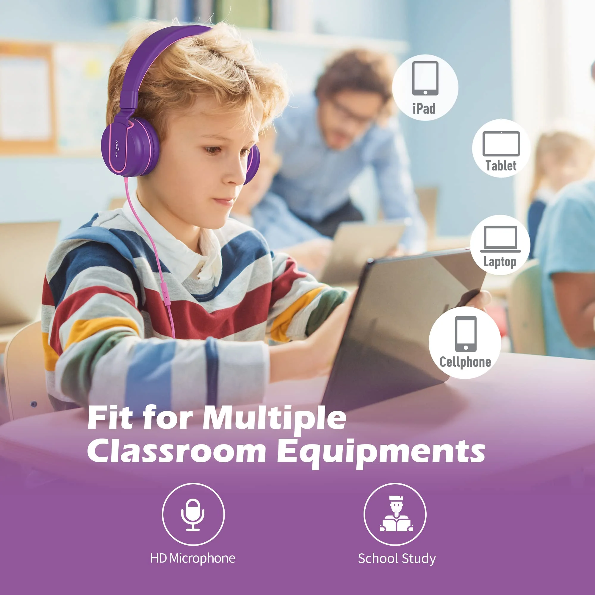 Kids Headphones, AILIHEN I35 On-Ear Headphones for School, Safe Volume 93dB, HD Mic Stereo Headphone for Kid Girls Children, Foldable Wired 3.5mm for Chromebook, Laptop, Computer, Tablet (Pink Purple) Pink Purple - Image 4