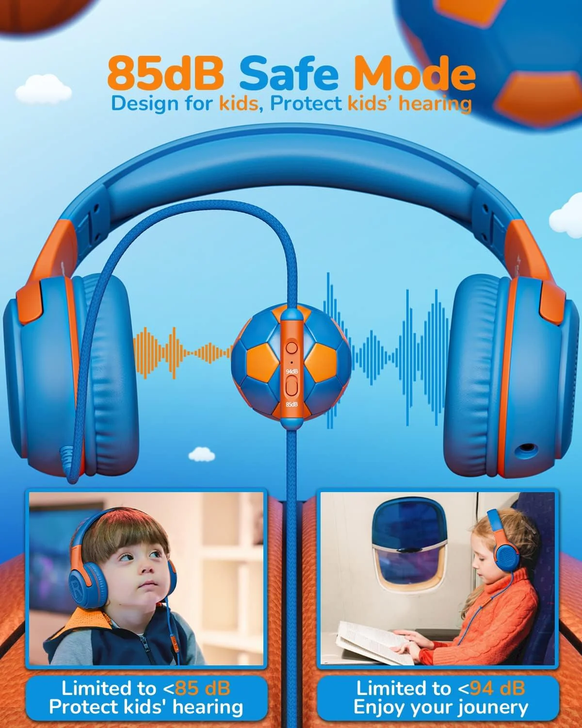 Kids Headphones Wired Toddler Headphones with Microphone, Over-Ear Headphones, 85/94dB Volume-Limiting, 3.5mm Jack, Foldable On-Ear Design - Safe & Comfortable for Learning & Entertainment BlueOrange - Image 2