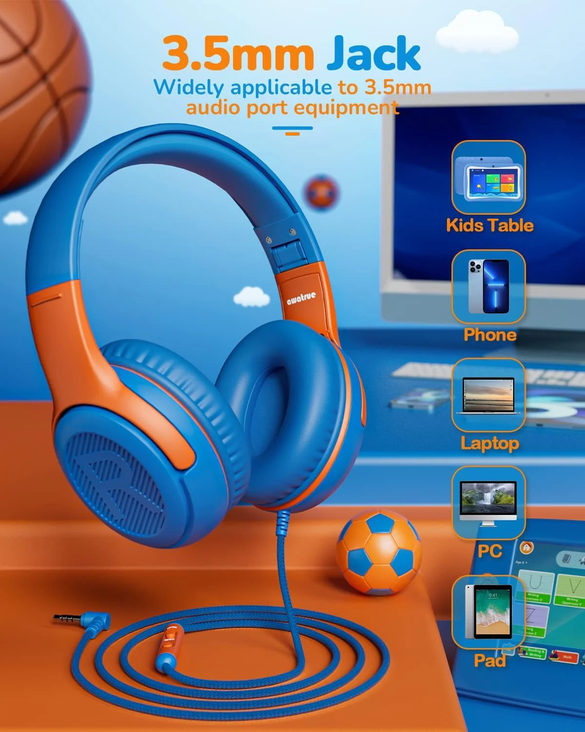 Kids Headphones Wired Toddler Headphones with Microphone, Over-Ear Headphones, 85/94dB Volume-Limiting, 3.5mm Jack, Foldable On-Ear Design - Safe & Comfortable for Learning & Entertainment BlueOrange - Image 5
