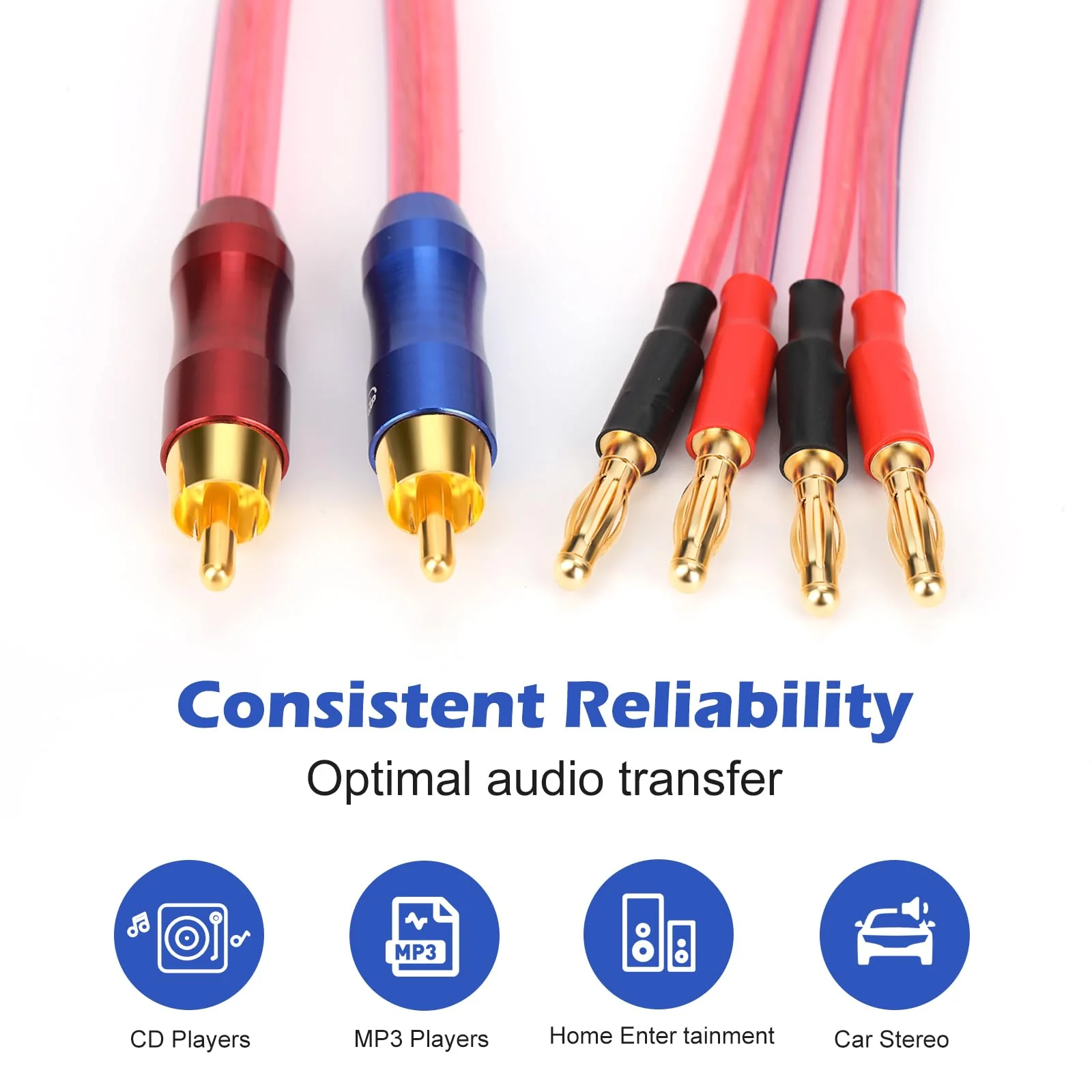 KK R1-B2-D0.5 4N OFC Speaker Wire Pair with RCA Male (Blue & Red) to 2 Pair Banana(4banana) Plugs 1.64Foot-Pair KK R1-B2-D0.5 3M/9.8Foot - Image 4