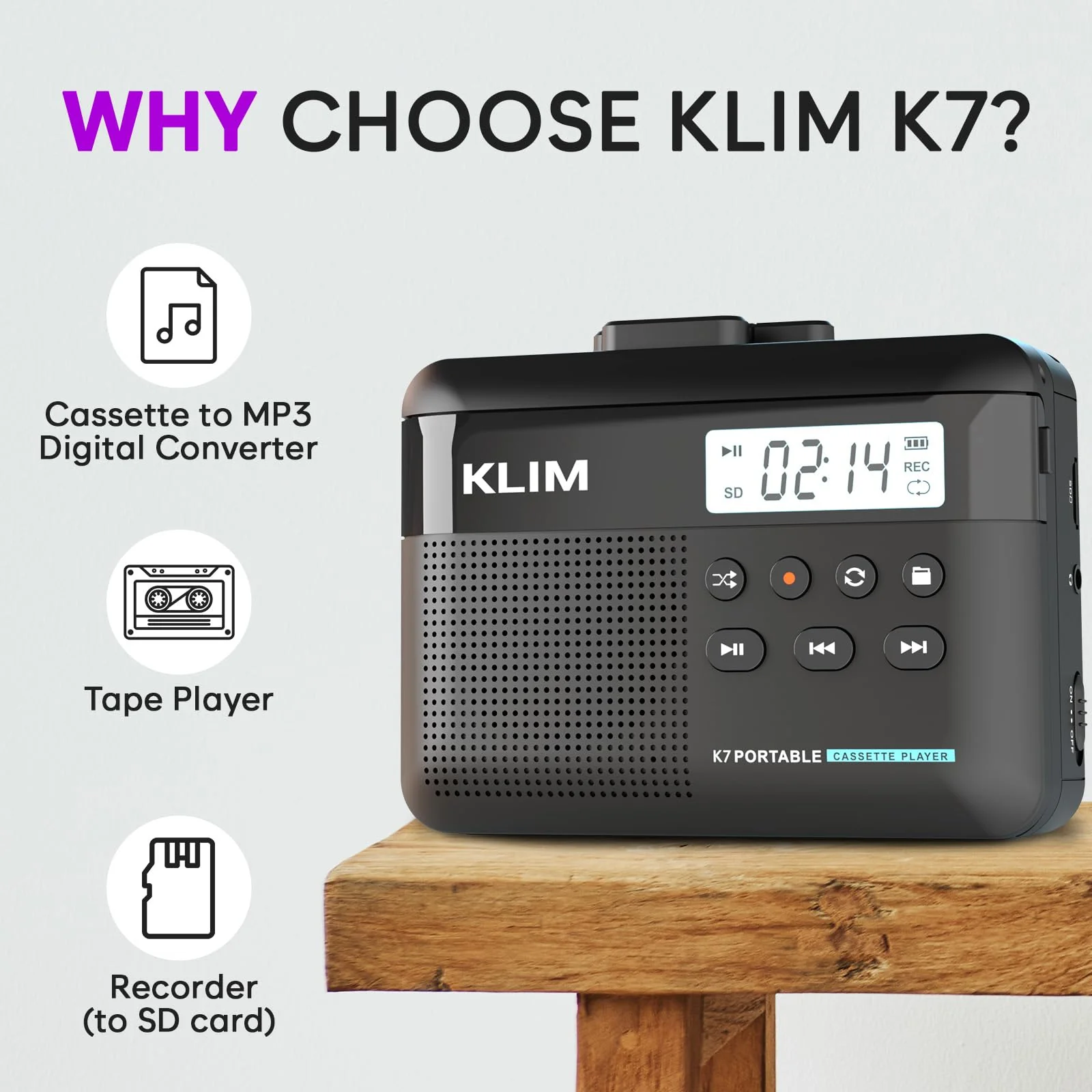 KLIM K7 Cassette Tape Player + Cassette to MP3 Converter + Portable Cassette Player + Built-in Microphone & Speaker + Rechargeable Battery + Earphones + 32GB SD Card 32GB Black - Image 2