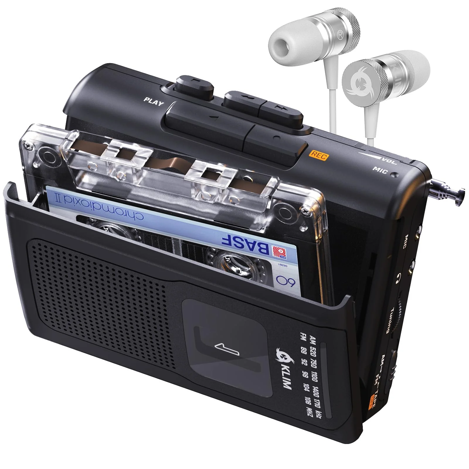 KLIM K8 Cassette Tape Player Portable with Fusion Headphones - Cassette Recorder - NEW Version - AM/FM - Built-in Microphone & Speaker - Headphone Jack & Earphones - Black