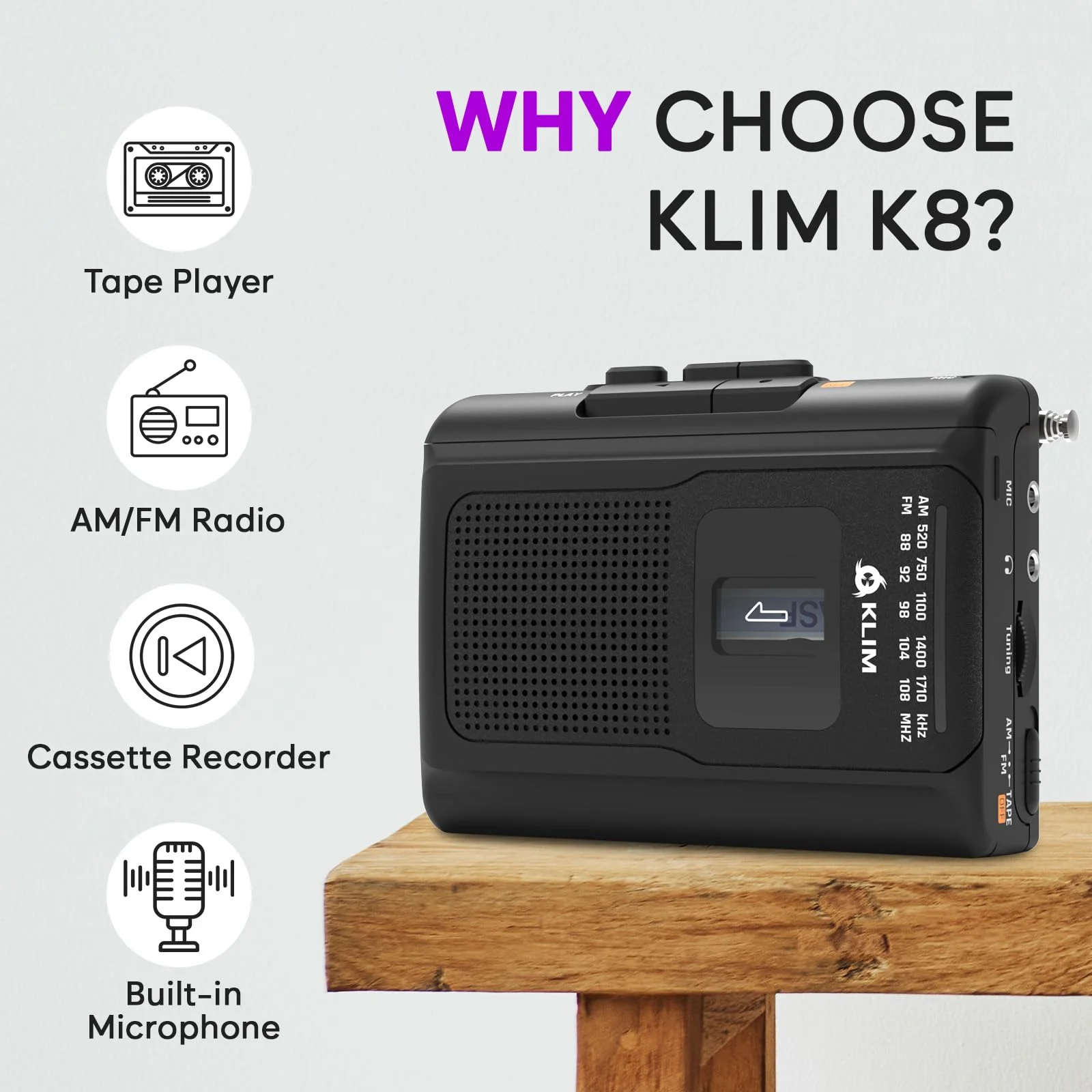 KLIM K8 Cassette Tape Player Portable with Fusion Headphones - Cassette Recorder - NEW Version - AM/FM - Built-in Microphone & Speaker - Headphone Jack & Earphones - Black - Image 2