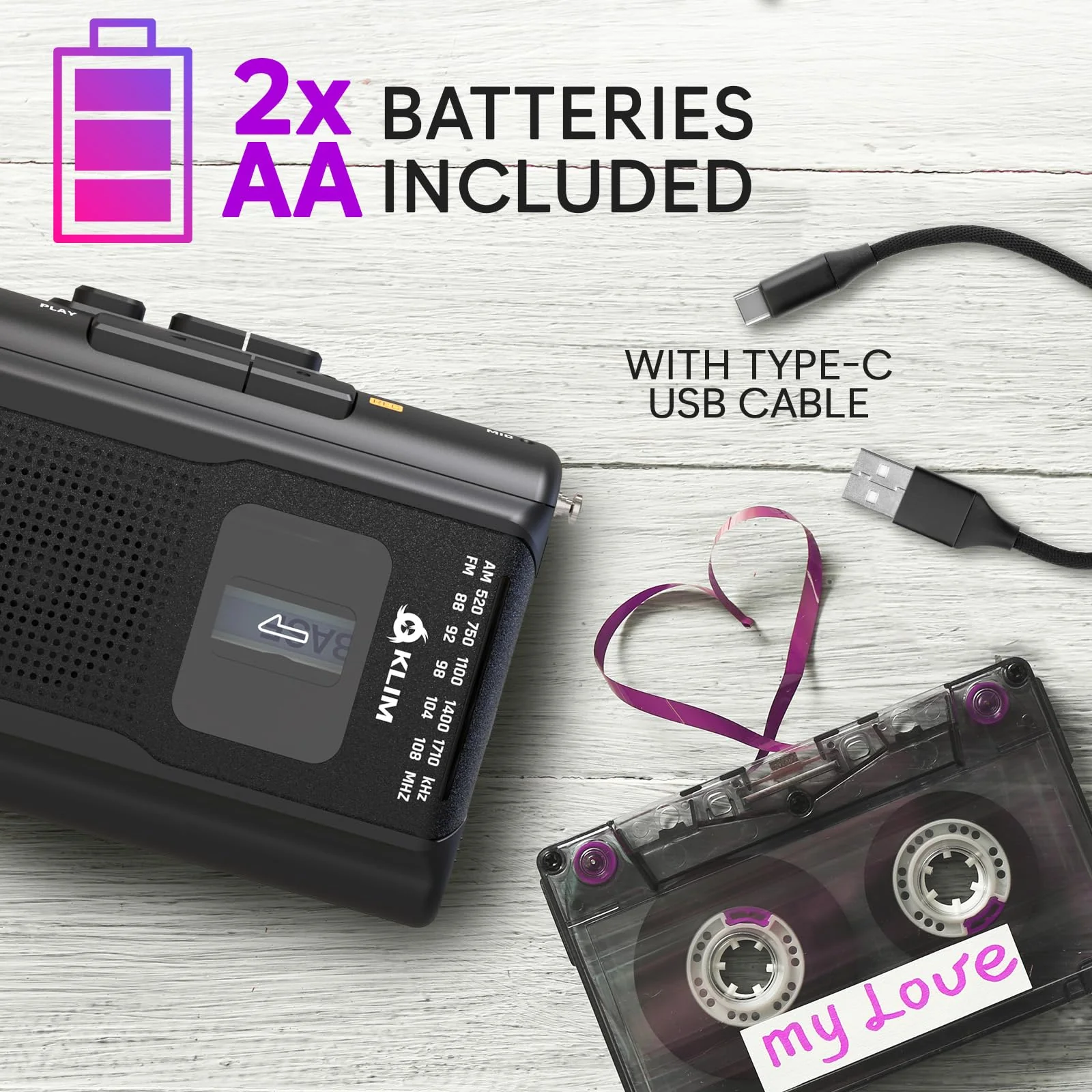 KLIM K8 Cassette Tape Player Portable with Fusion Headphones - Cassette Recorder - NEW Version - AM/FM - Built-in Microphone & Speaker - Headphone Jack & Earphones - Black - Image 5