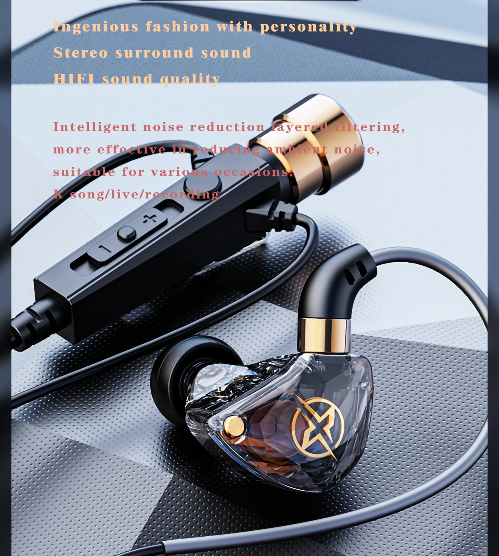 KT-02 Wired Headphone Sport Headset Noise Cancelling Earphones with Mic Dynamic HD,3.5MM Jack Headsets for Live Singing Recording, Live Video Streaming, Live Game miking(Black 1.2m), Clear - Image 2