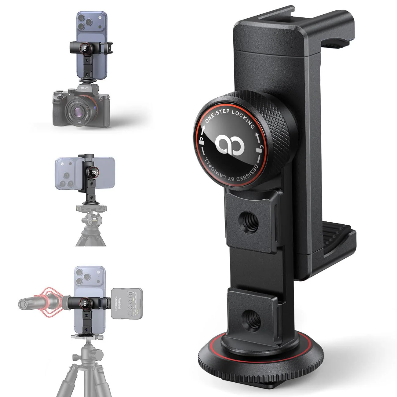 Lamicall Aluminum Phone Tripod Mount with 3 Cold Shoes & Arca Port & 1/4" Thread, [Wider Clamp] Camera Phone Holder Adapter Valentines Day Gift for iPhone 17 Smartphone Tripod Cell Phone Holder