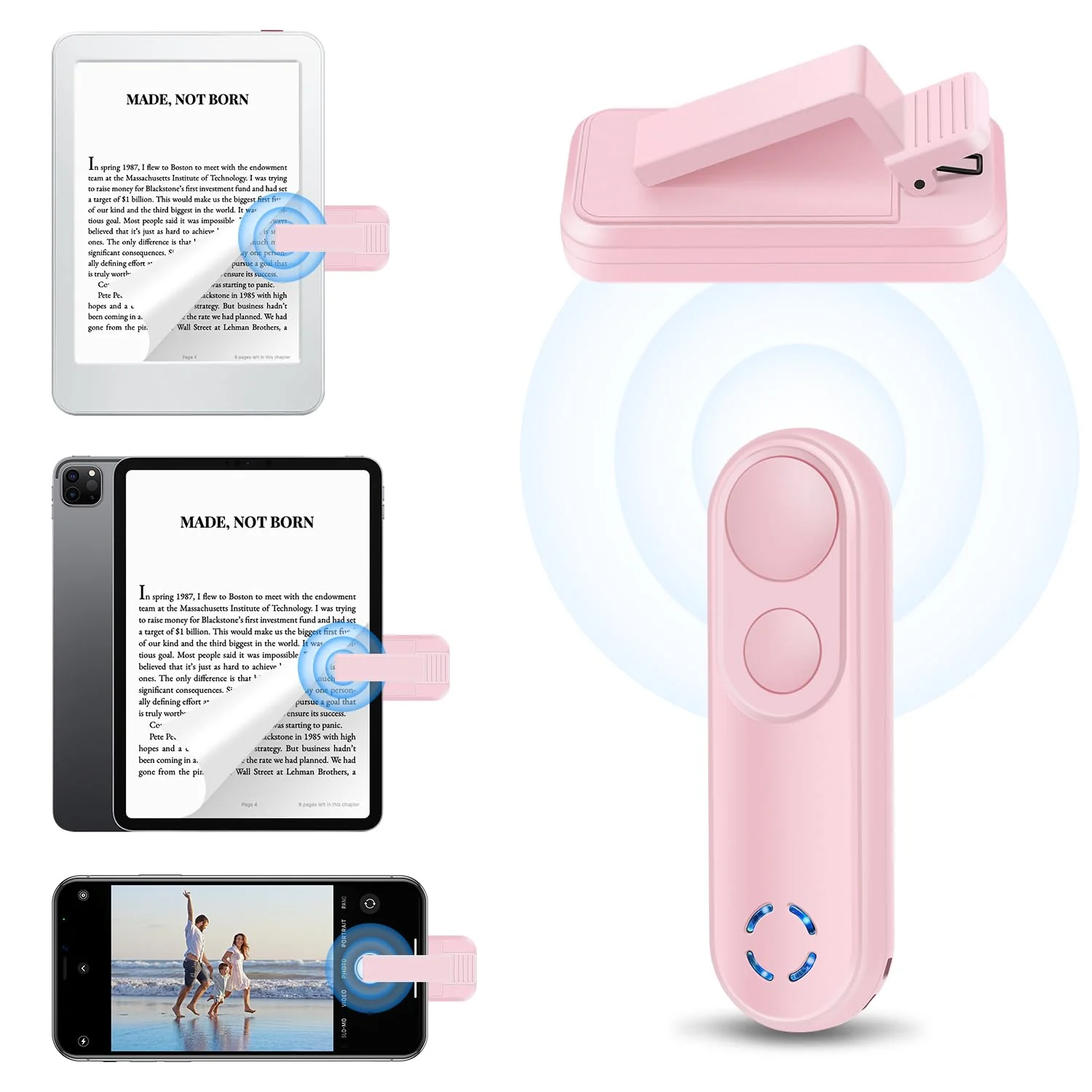 LANGREE Remote Page Turner for Kindle Paperwhite Oasis Kobo eReaders, Kindle Accessories, Page Turner Clicker for ipad Tablets Phone Reading Novels Taking Photos, Kindle Remote with Power Display Pink