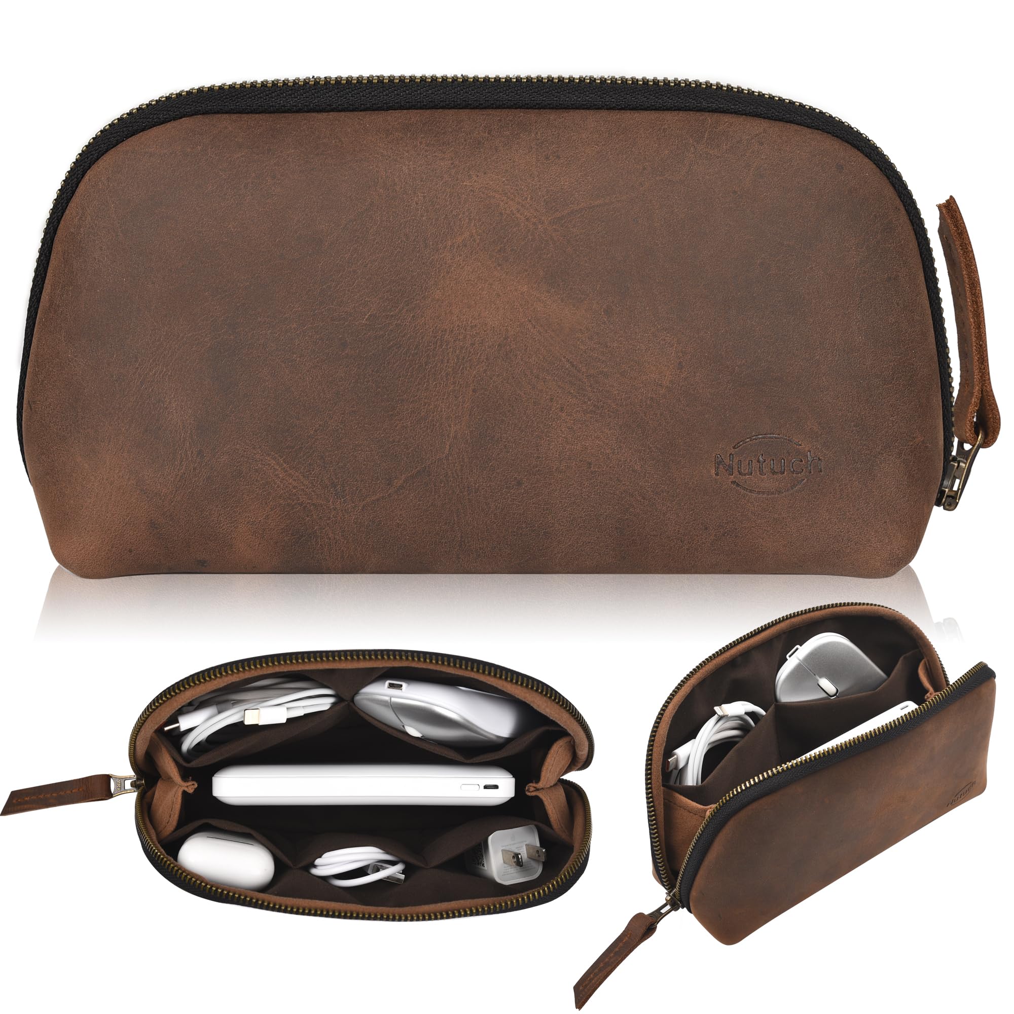 Leather Tech Pouch for Cables Chargers Phone | Tech Bag | Zipper Travel Accessory Pouch | Electronic Organizer Case Travel Bag | Cord Cable Pouch | Gadget Chargers Cable Organizers for Unisex