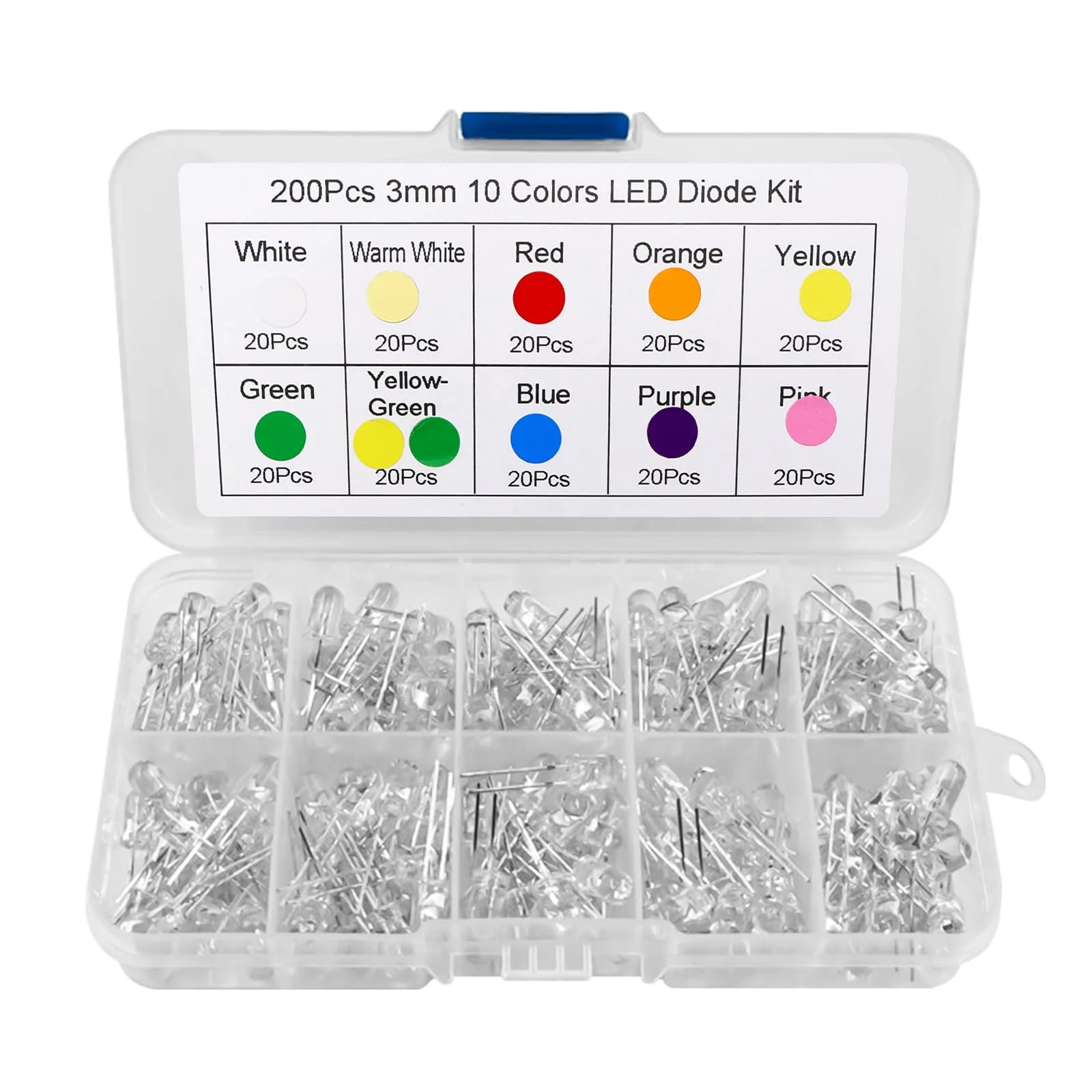 LED Diode 3 mm Light Emitting Diodes Set Warm White Red Blue Green Chartreuse White Orange Purple Pink Yellow Diodes 2 Pin (10 Colours, Pack of 200)
