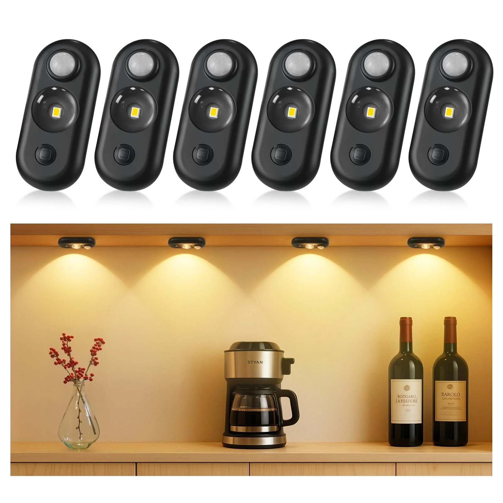 LED Motion Sensor Puck Lights, Small Rechargeable Under Cabinet Light, Dimmable Warm White Closet Lights, Wireless Under Cabinet Lighting for Drawer, Kitchen (6 Pack) 6 pack-Black