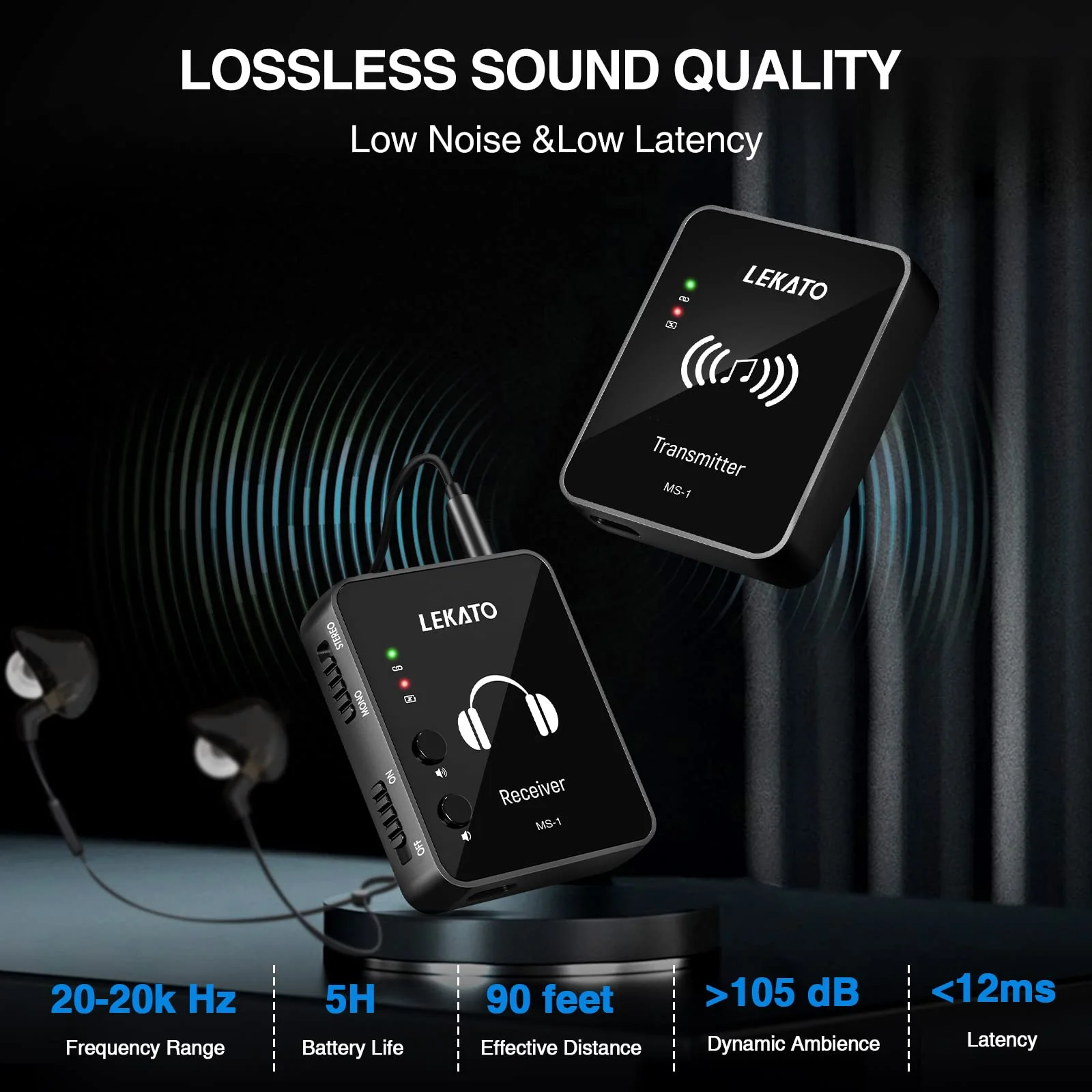 LEKATO MS-1 Wireless in Ear Monitor System, 2.4G Stereo Wireless IEM System with Beltpack Transmitter Receiver Auto-Pairing, in-ear Monitoring for Studio, Band Rehearsal, Live Performance (Black) One Transmitter+ One Receiver - Image 4
