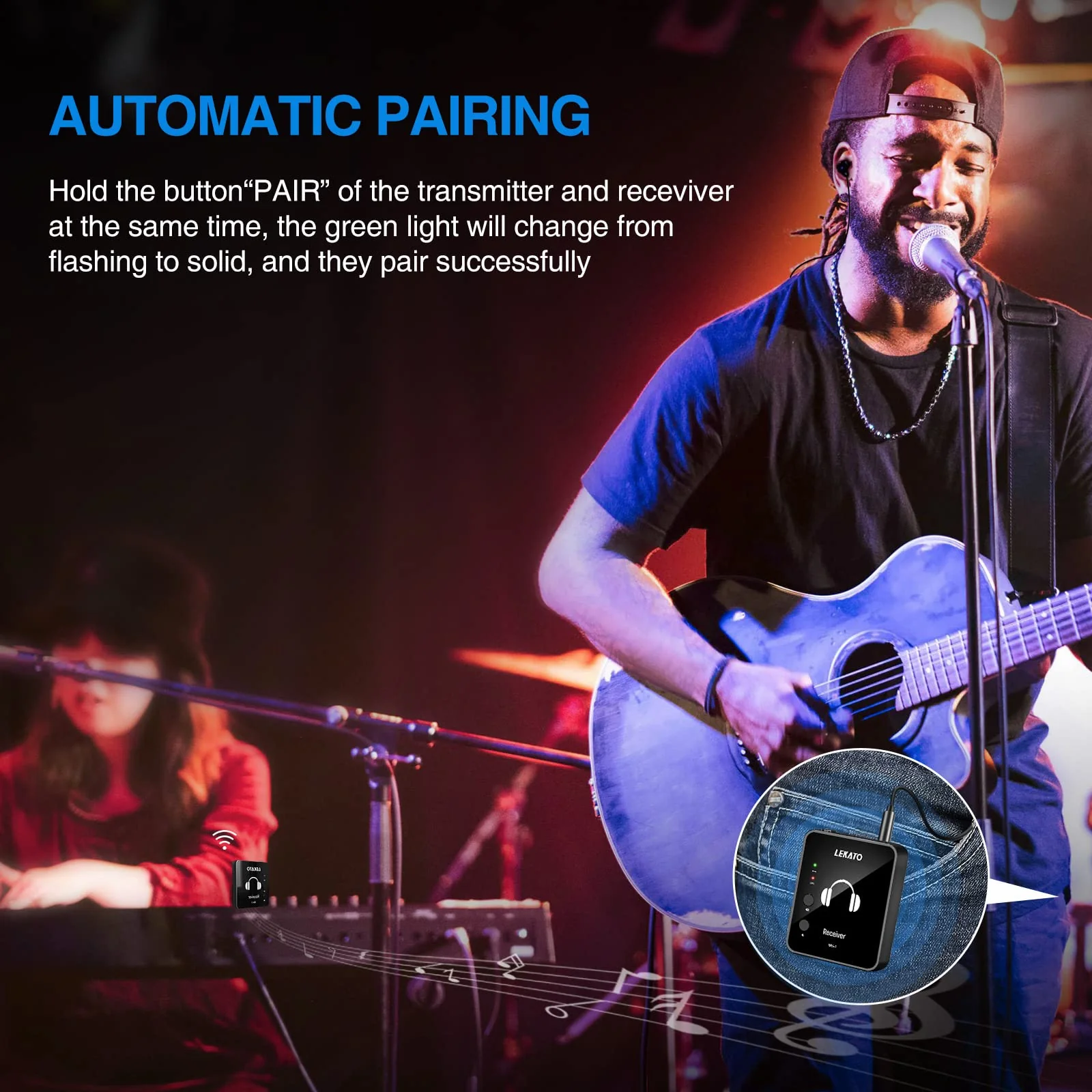 LEKATO MS-1 Wireless in Ear Monitor System, 2.4G Stereo Wireless IEM System with Beltpack Transmitter Receiver Auto-Pairing, in-ear Monitoring for Studio, Band Rehearsal, Live Performance (Black) One Transmitter+ One Receiver - Image 5