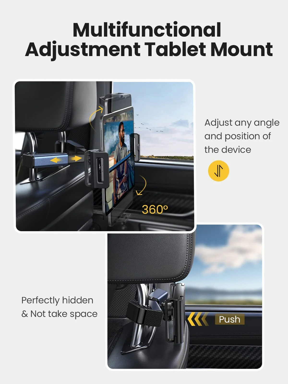 LISEN Car Headrest Tablet Mount Holder, [ Double Extendable Stick ] 360° Rotation iPad Car Holder Back Seat for Tablets, Cell Phone and More 4.7-12.9" Devices, Headrest Posts Width 1.6-6.9" - Image 5