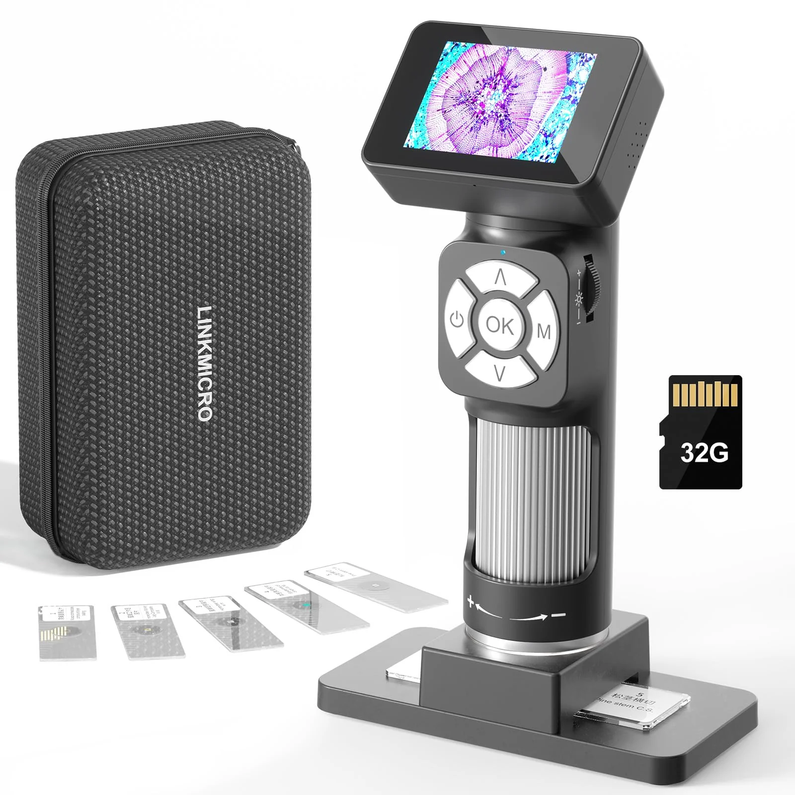 LM112 Microscope for Kids Adults Handheld with 2" Screen, 500X Portable Microscope Kit with Case, USB Magnifier with 8 LED Light, 5pcs Biological Slides, 32G