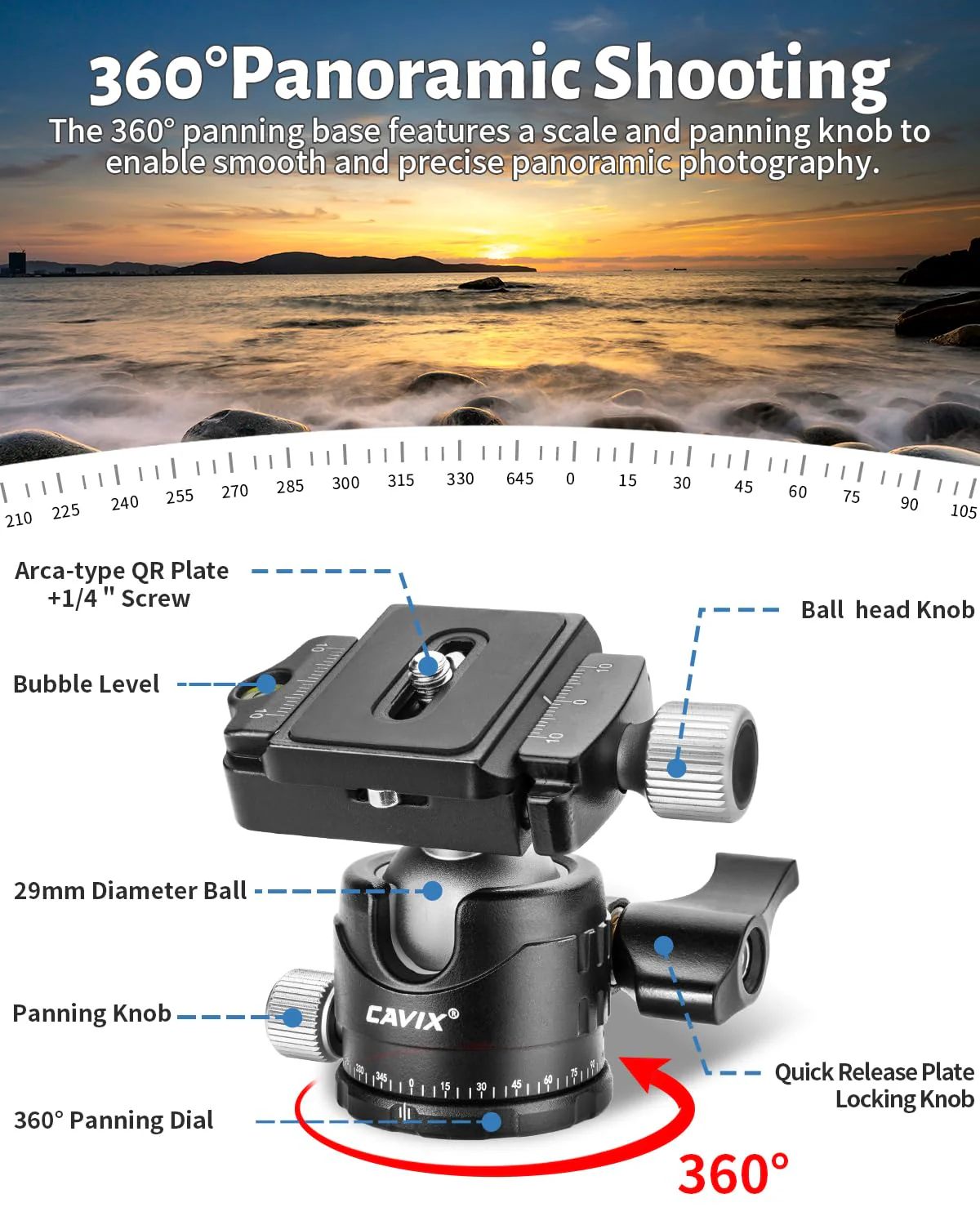 Low Profile Ball Head, CAVIX H-29S Camera Tripod Head Metal Ball Head with Arca Swiss Quick Release Plate Bubble Level Load Capacity 22 Lbs/10kg… Ball Dia. 29mm - Image 5