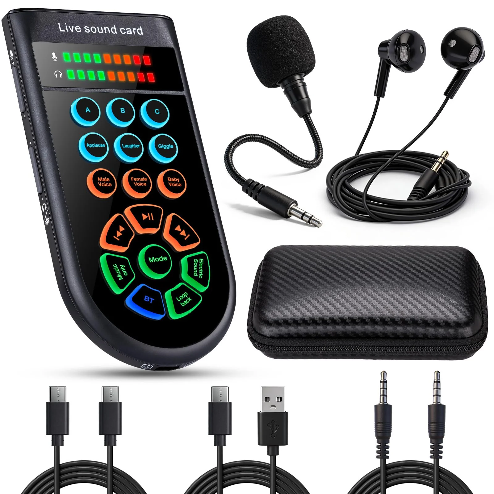 M300 Small Handheld Sound Card Set for Singing & Live Streaming, Voice Changer with Reverb/Vocal Enhancement/Vocal Changer/Sound Effects, w/AUX/Type-C/Bluetooth in, Includes Condenser Mic & Headphones