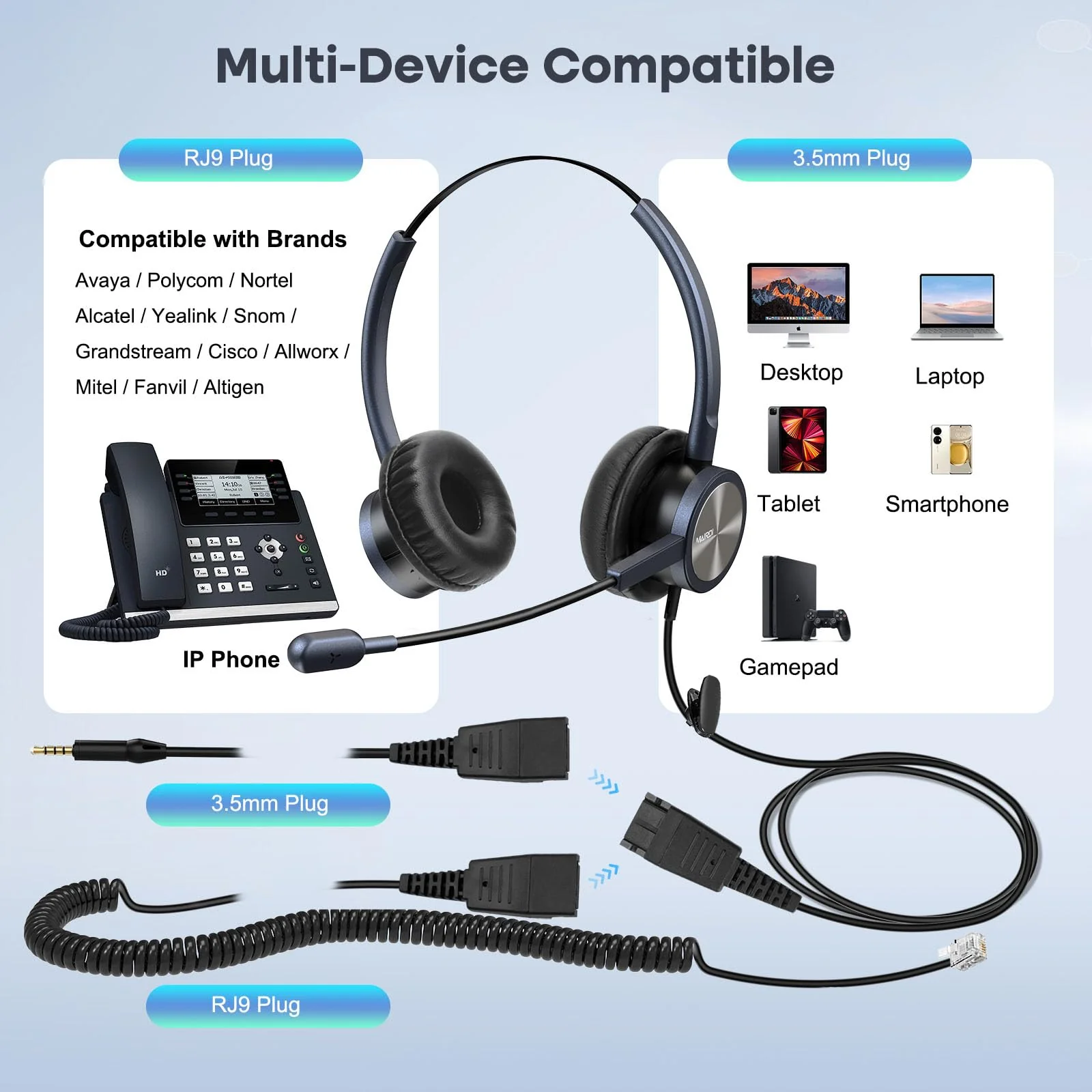 MAIRDI Telephone Headset with RJ9 Jack & 3.5mm Connectors for Call Center Office Deskphone Cell Phone PC Laptop, Landline Phone Headset with Microphone Noise Canceling for Polycom Avaya Nortel Duo - Image 4