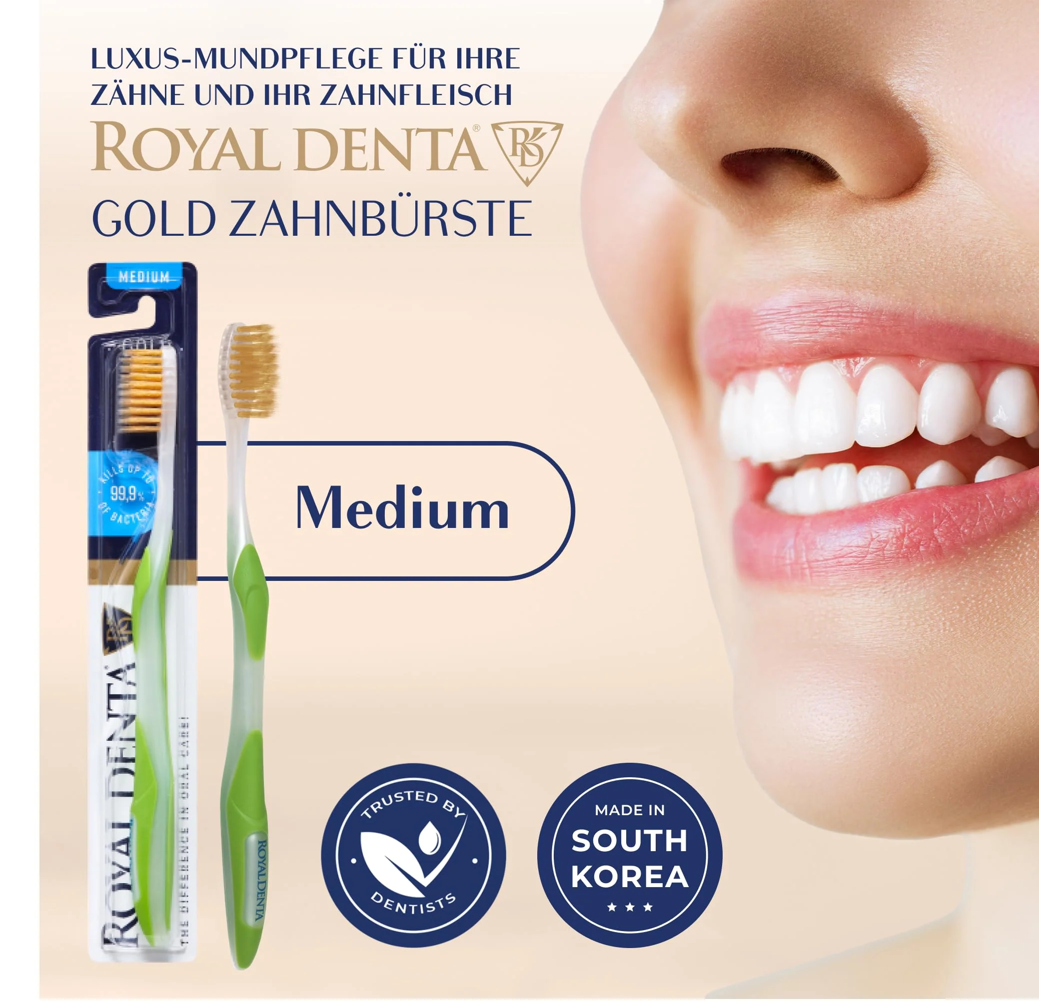 Manual Toothbrush Medium for Adults, Floss Toothbrush with Gold, Green Royal Denta - Image 2