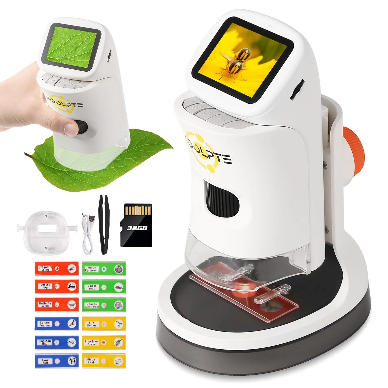 Microscope for Kids, 1000X HD Pocket Kids Microscope, 2.1'' LCD Screen Mini Micrscope for Kids 8-12, Science Mini Scope Toy Kits, Handheld Miniscope Educational Gifts for Kids, 32 GB TF Card Included Warm White