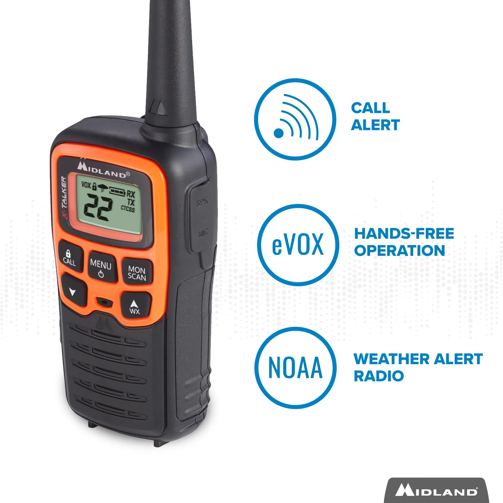 Midland- T51VP3 X-TALKER Spotting and Recovery Walkie-Talkie Long Range - FRS Two Way Radio for kids Caravanning with NOAA Weather Scan + Alert, 38 Privacy Codes - Black/Orange - 2 Pack - Image 5