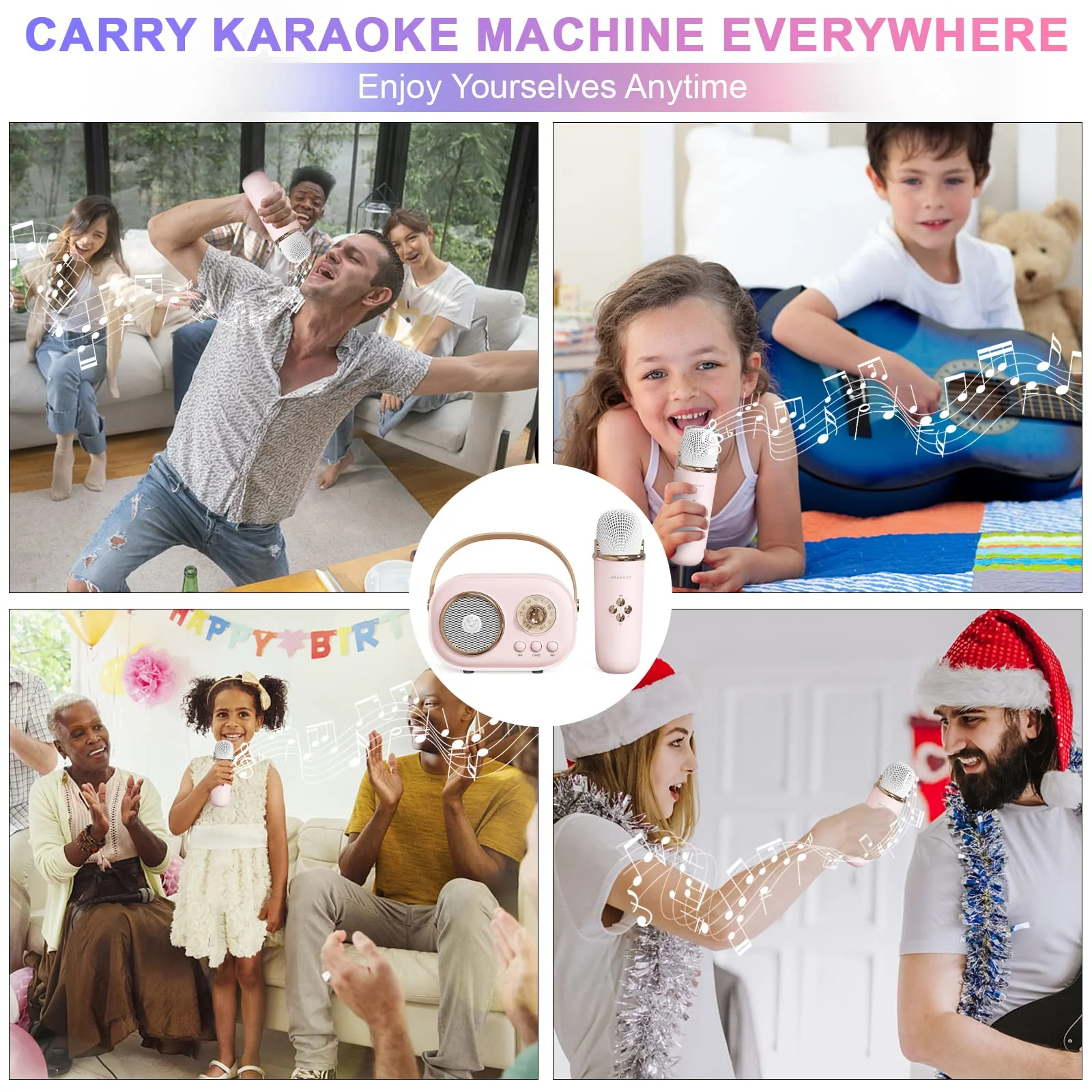 Mini Karaoke Machine,Karaoke Machine for Kids and Adults,Cute Karaoke with Microphone Set,Portable Bluetooth Speaker with Microphone,Retro Handheld Style for Family Party Meeting Singing (Pink) Pink - Image 3