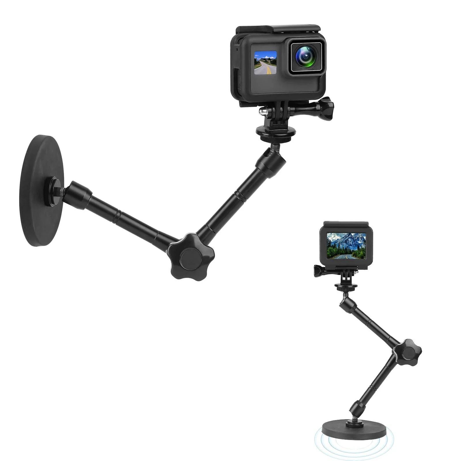 Mippko Magnetic Camera Mount for GoPro Hero/Insta 360 / DJI OSMO/AKASO Action Camera,3.46 inch Diam Magnetic Rubber Coating Base,10 inch Length Adjustable Aluminum Alloy Arm