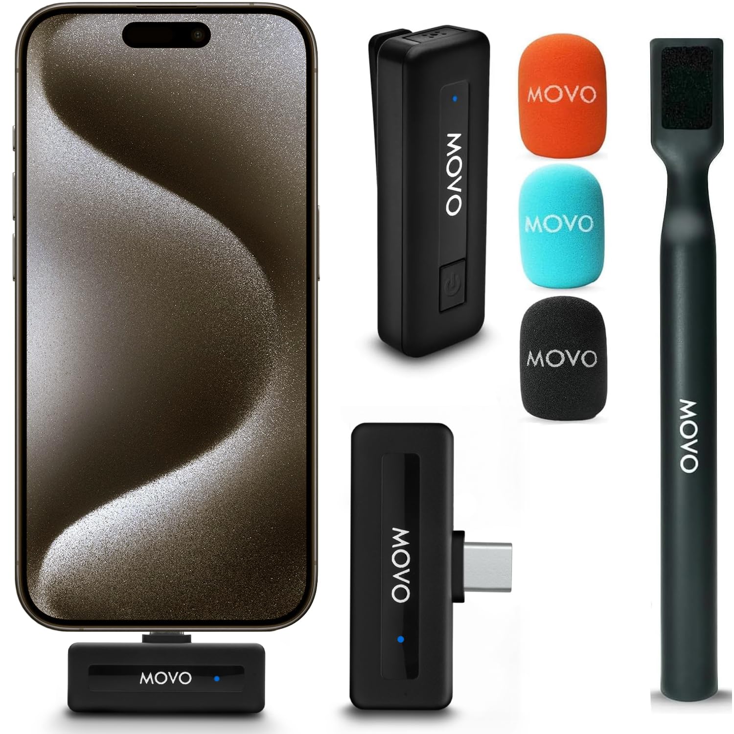 Movo Wireless Mini UC Ultra Compact Wireless Lavalier Microphone for iPhone 15/16/17 and up with WMX-HM Handheld Adapter - Lapel Mic with Handle Mount for Content Creators, Interviews, Reporting USB-C