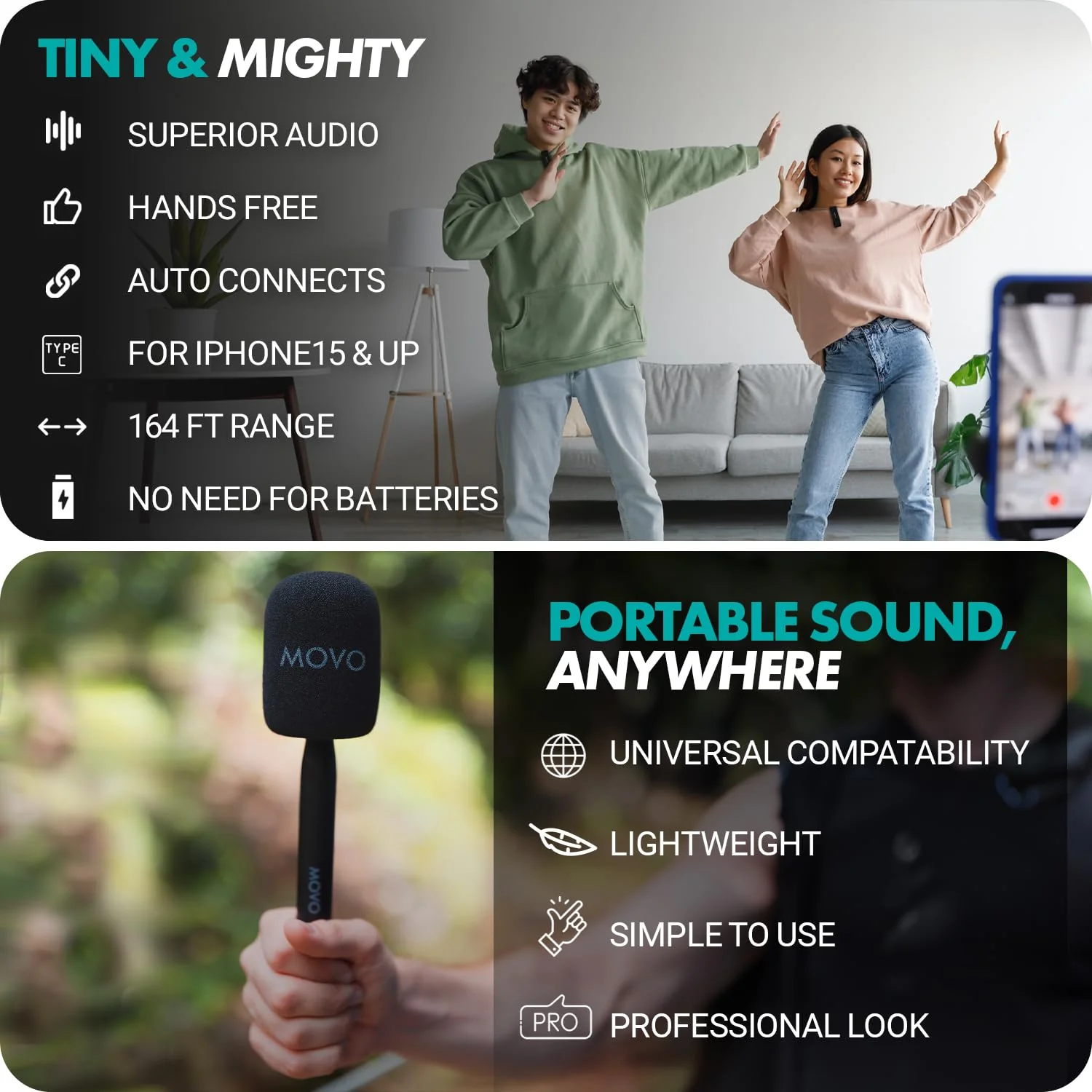 Movo Wireless Mini UC Ultra Compact Wireless Lavalier Microphone for iPhone 15/16/17 and up with WMX-HM Handheld Adapter - Lapel Mic with Handle Mount for Content Creators, Interviews, Reporting USB-C - Image 4