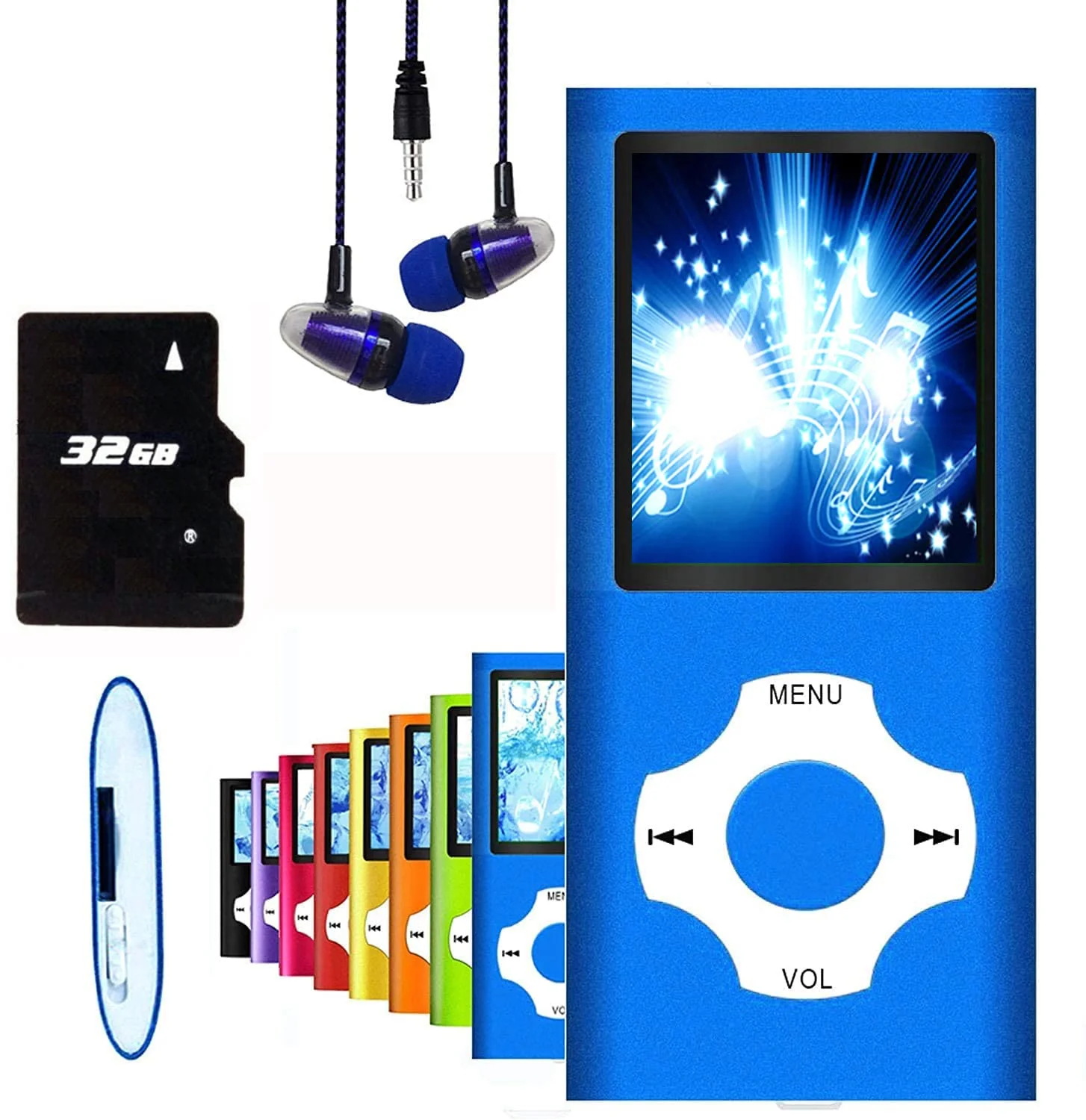 MP3 Player, Hotechs MP3 Music Player with 32GB Memory SD Card Slim Classic Digital LCD 1.82'' Screen MINI USB Port with FM Radio, Voice Record Blue