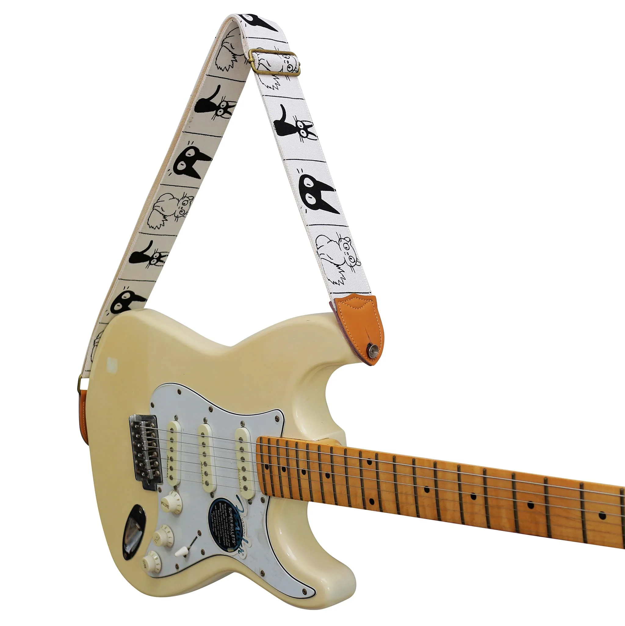 MUSIC FIRST Original Design, 2 inch width (5cm), Cute Comic Cat Soft Cotton Canvas & Genuine Leather Electric Guitar Strap Bass Strap (Comic Cat) - Image 3