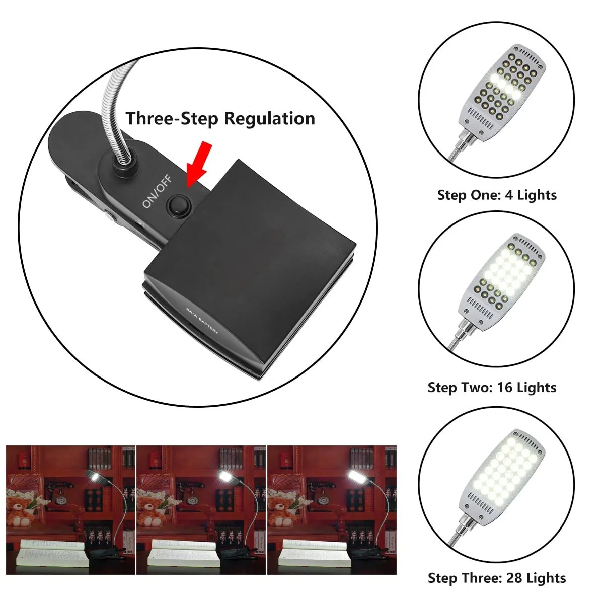 Music Stand Light, Clip on LED Book Lights, USB and AA Battery Operated, Reading Lamp in Bed, 3 Brightness Levels, Ideal for Musician, Piano Player, Kids, Travel, Black - Image 4