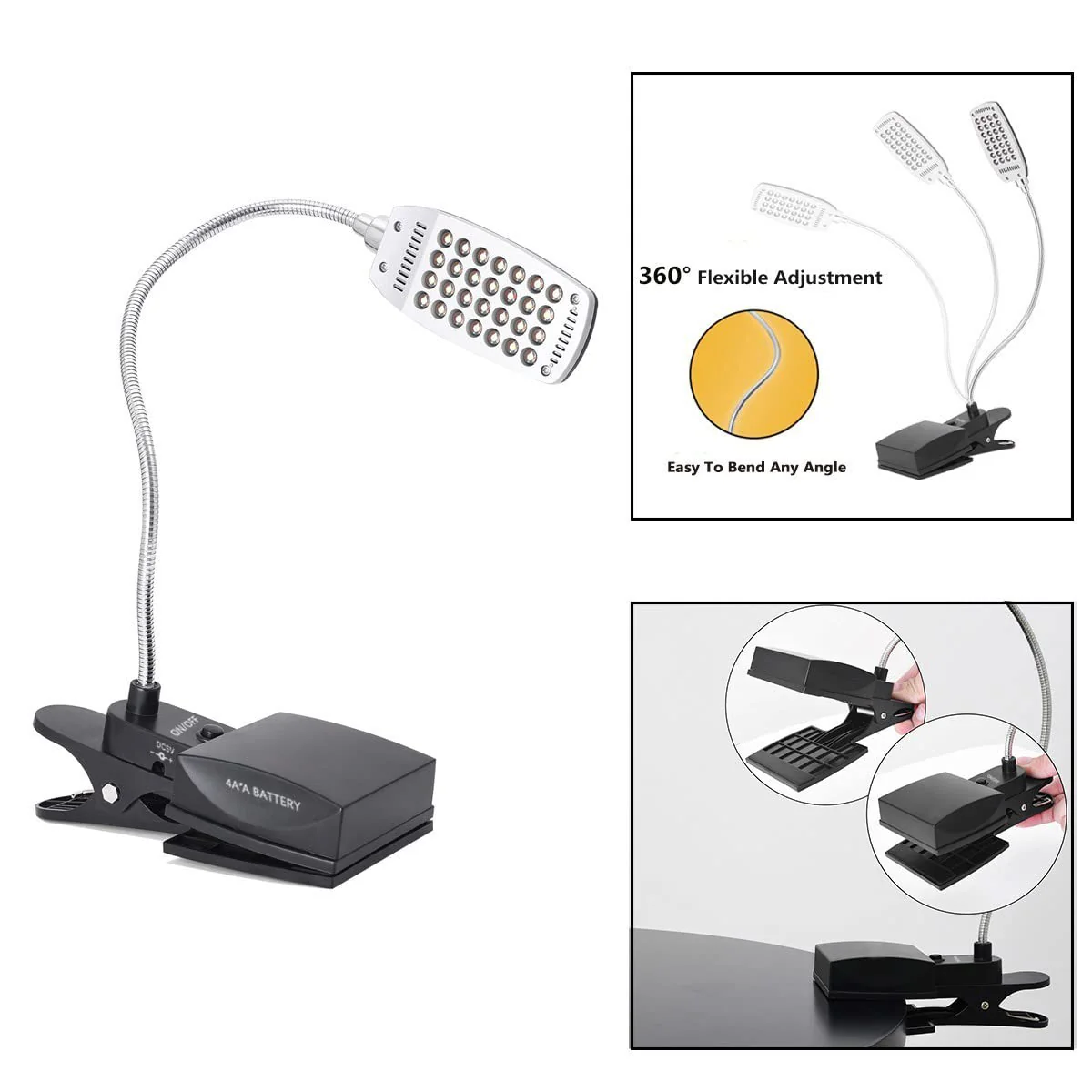 Music Stand Light, Clip on LED Book Lights, USB and AA Battery Operated, Reading Lamp in Bed, 3 Brightness Levels, Ideal for Musician, Piano Player, Kids, Travel, Black - Image 5