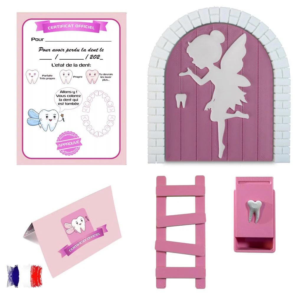 Myfuturshop® Magic Tooth Fairy Door, Box for Teeth, Ladder and 4 Tooth Certificates, French Version, Unique Gift for Boys and Girls, Wake Up the Magic (Pink) Pink