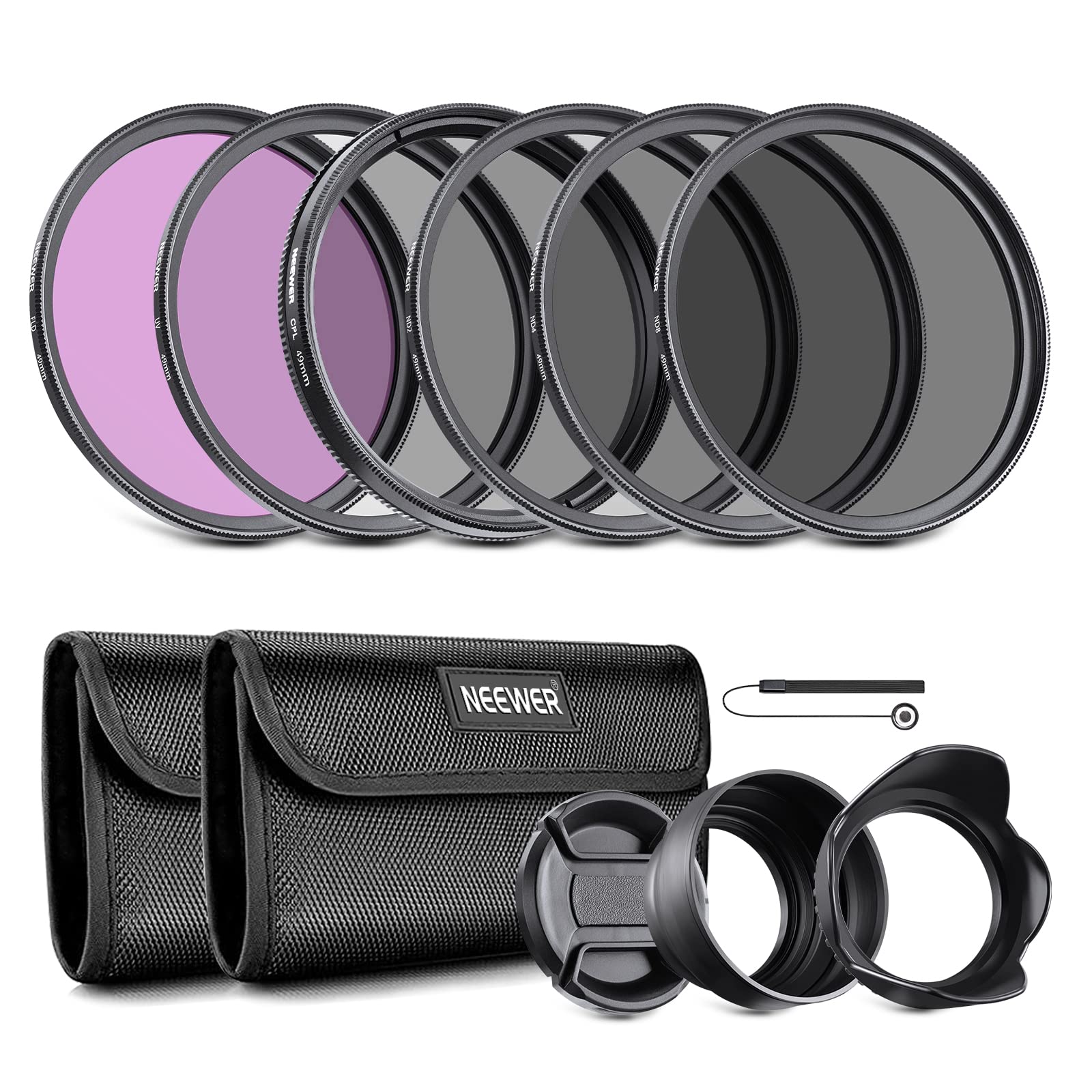 Neewer 49mm ND Lens Filter Kit: UV, CPL(Circular Polarising), FLD, ND2, ND4, ND8, Lens Hood and Lens Cap Compatible with Canon Nikon Sony Panasonic DSLR Cameras UV+CPL+FLD+ND2+ ND4+ND8