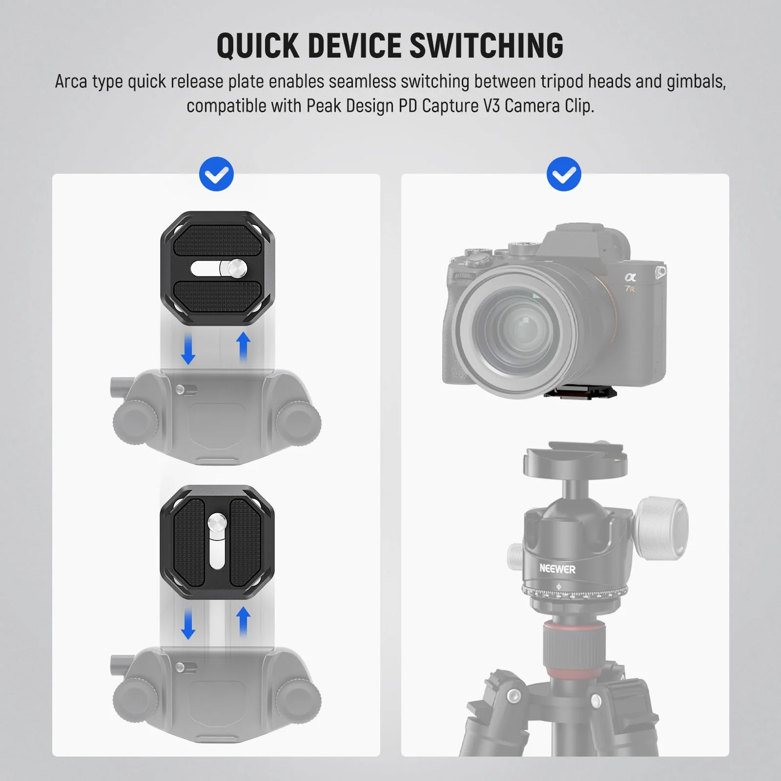 Neewer GM34 Camera Quick Release Plate Kit, Quick Switch Auto Lock Square QR Mount Plate with Arca Type Clamp Base, Compatible with Arca Swiss Peak Design Capture V3 Camera Clip, Max Load 11lb/5kg - Image 5