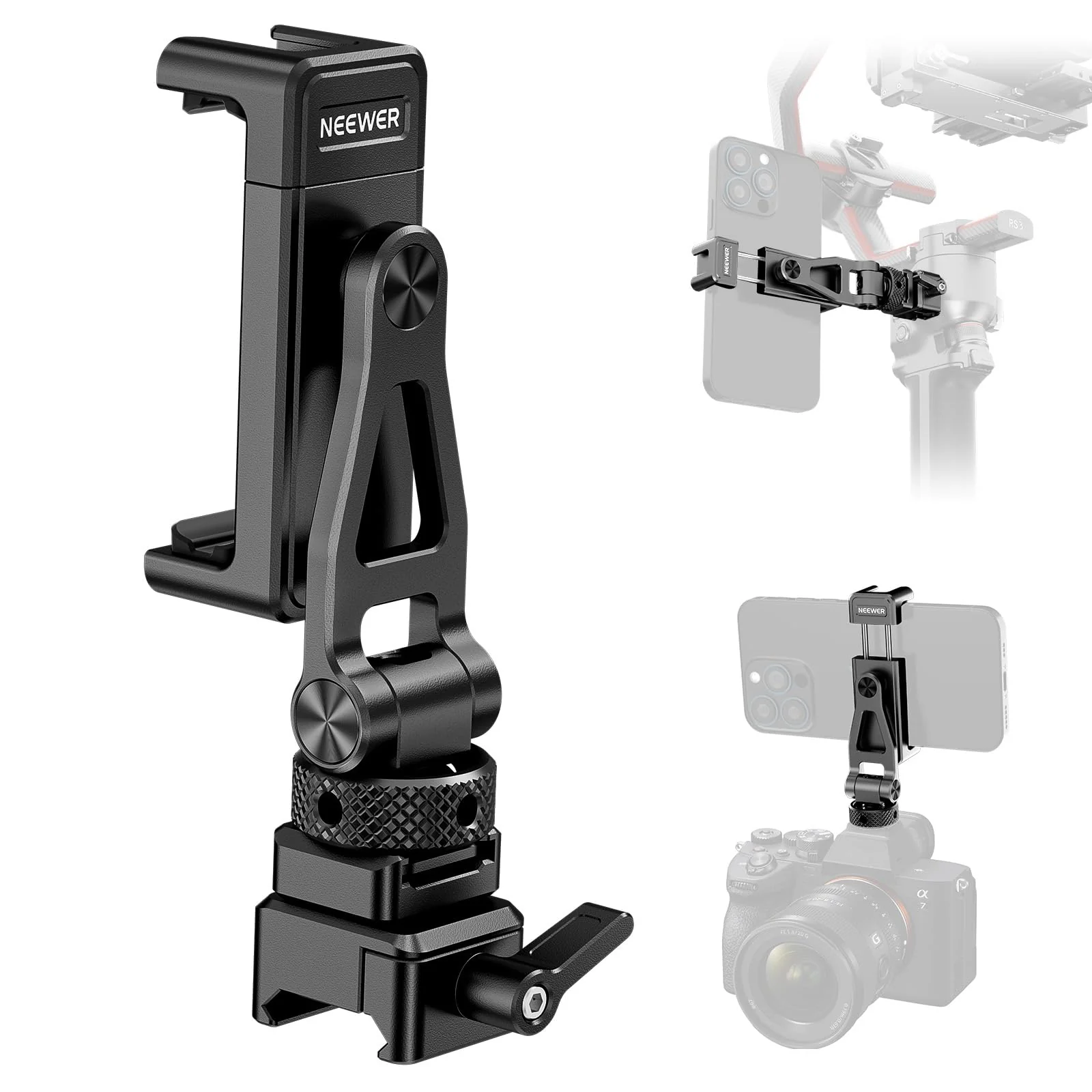 NEEWER Metal Phone Tripod Mount with Cold Shoe NATO Clamp Compatible with DJI RS5 RS4 RS3 Pro RS2 RSC2 Gimbal Stabilizer, 180° Tilt Phone Clip Holder Compatible with iPhone 15 Pro Camera Cage, GA010 GA010 with Nato Clamp